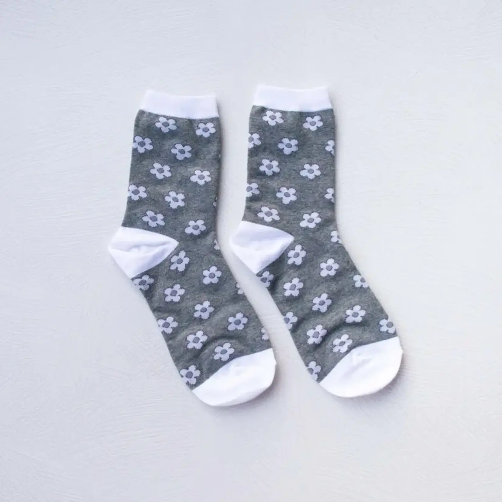 Tiepology Doodle Flower Crew Socks - White/Grey