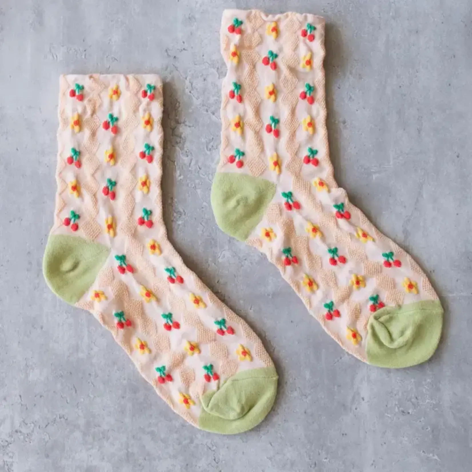 Tiepology Women’s Cherry Floral Pattern Socks - Blush