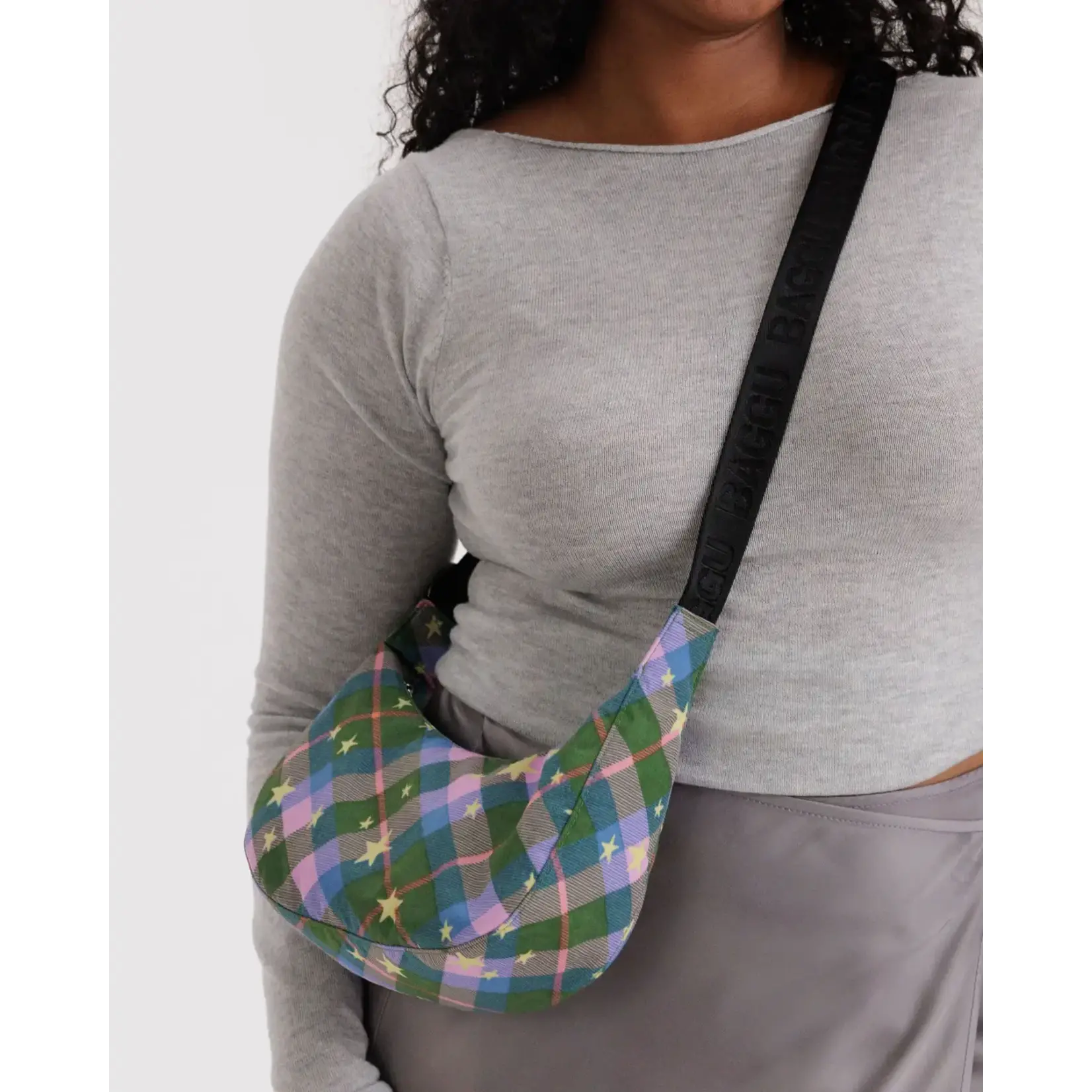 Baggu Small Nylon Crescent Bag - Green Star Plaid