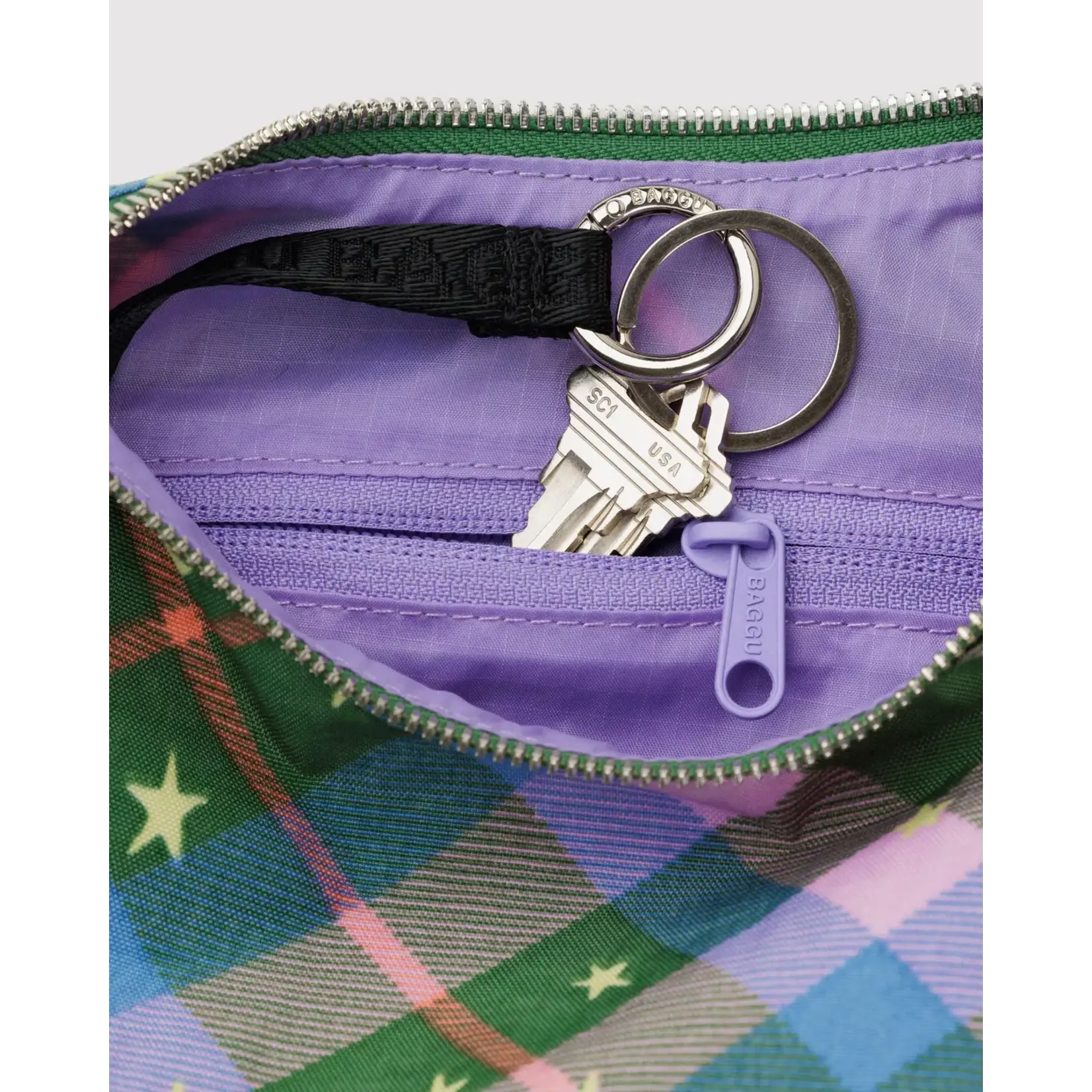 Baggu Small Nylon Crescent Bag - Green Star Plaid