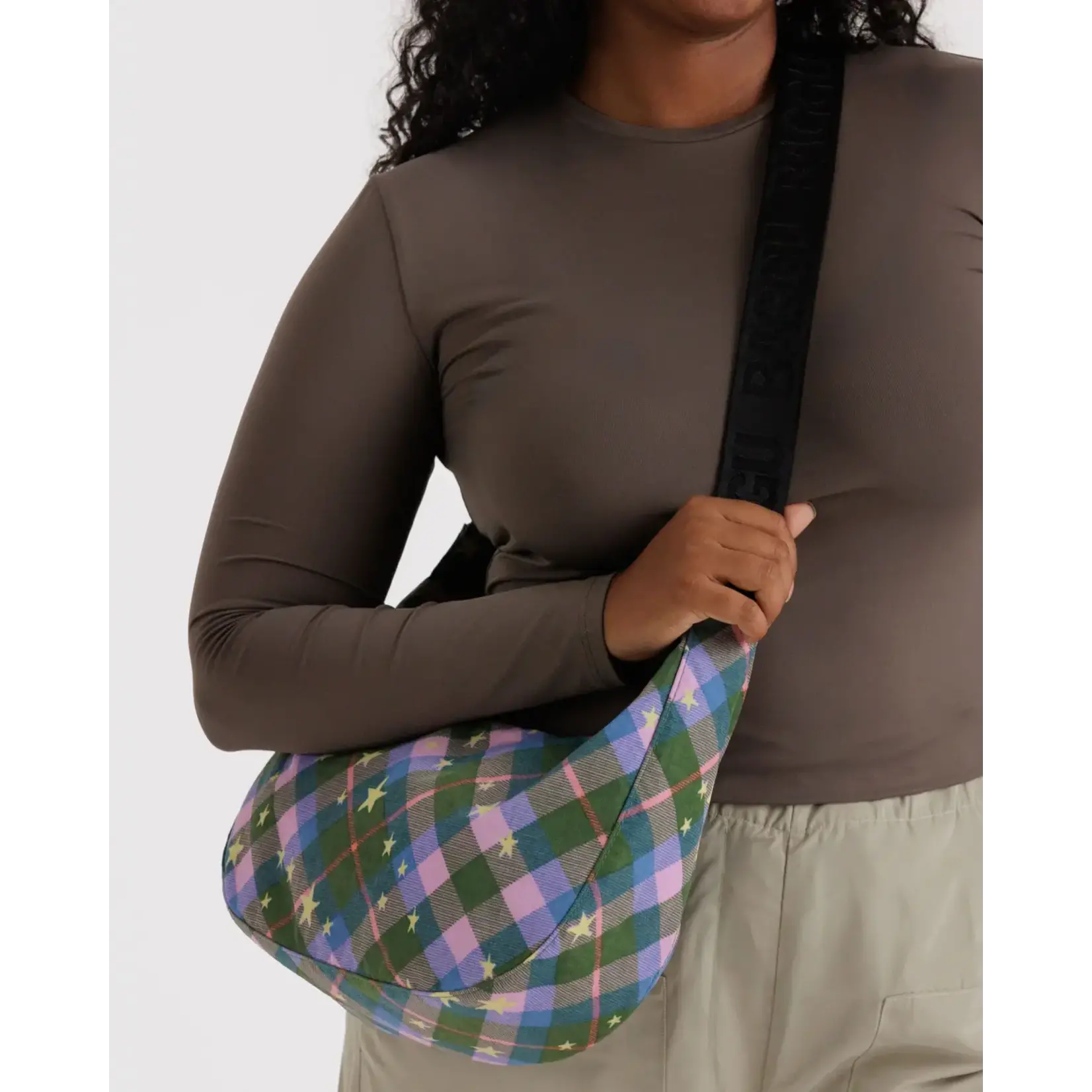 Baggu Medium Nylon Crescent Bag - Green Star Plaid