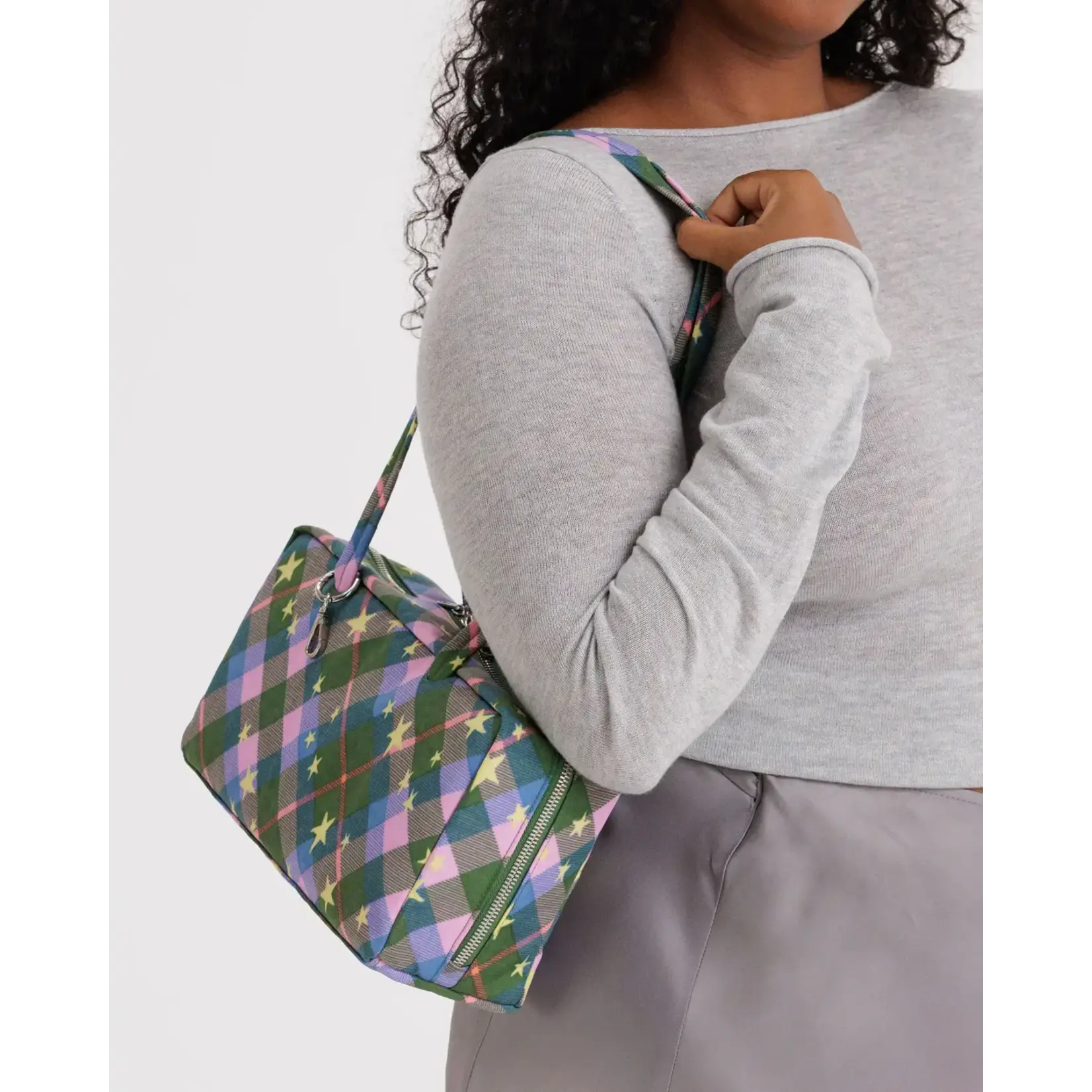 Baggu Nylon Bowler Bag - Green Star Plaid