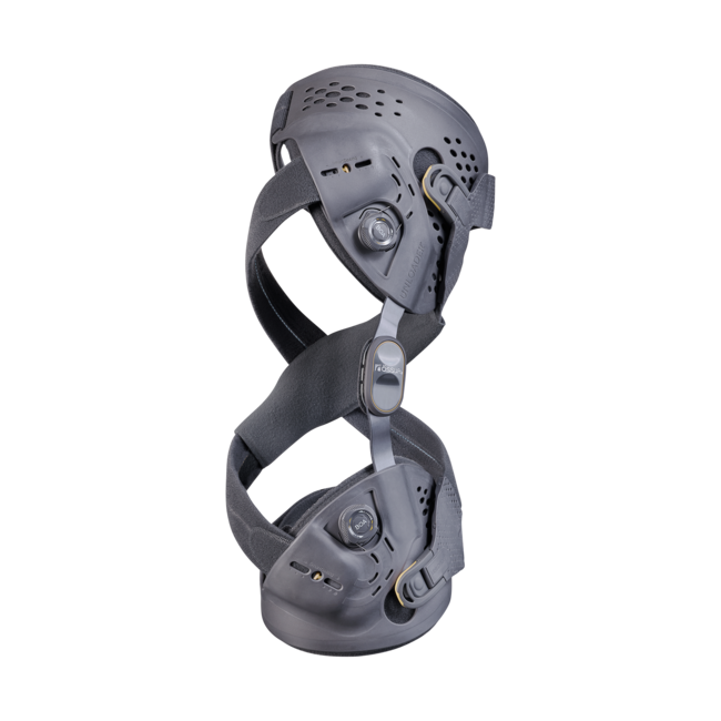 Ossur Canada Ossur Unloader One X knee brace for osteoarthritis. Brace contains metal hinge and rigid plastic thigh and calf shells.