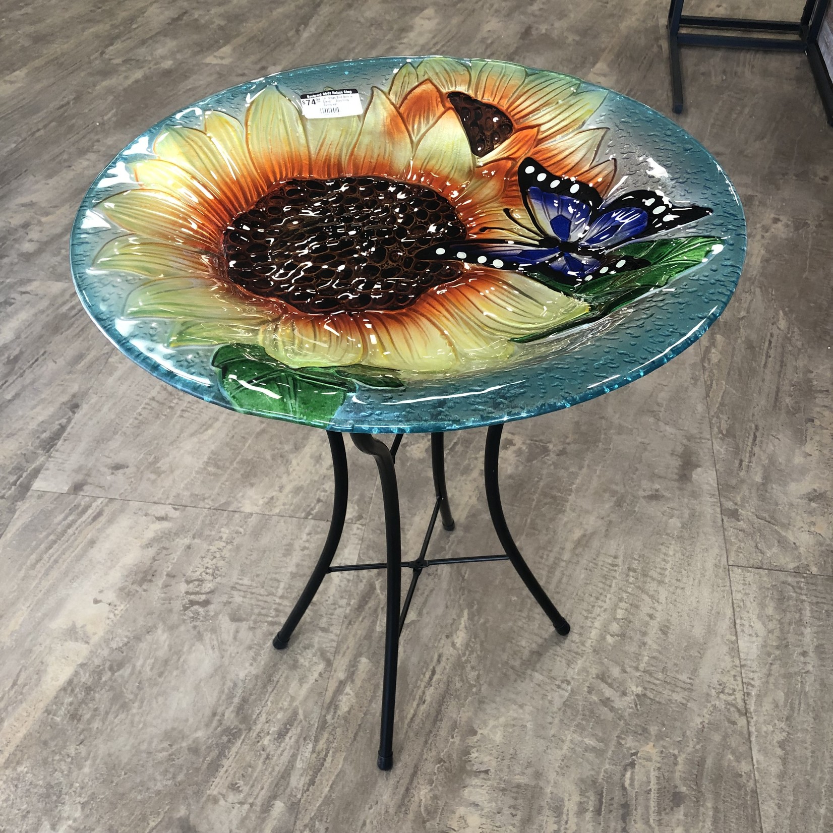 18" Glass Bird Bath w Stand - Blooming Sunflower
