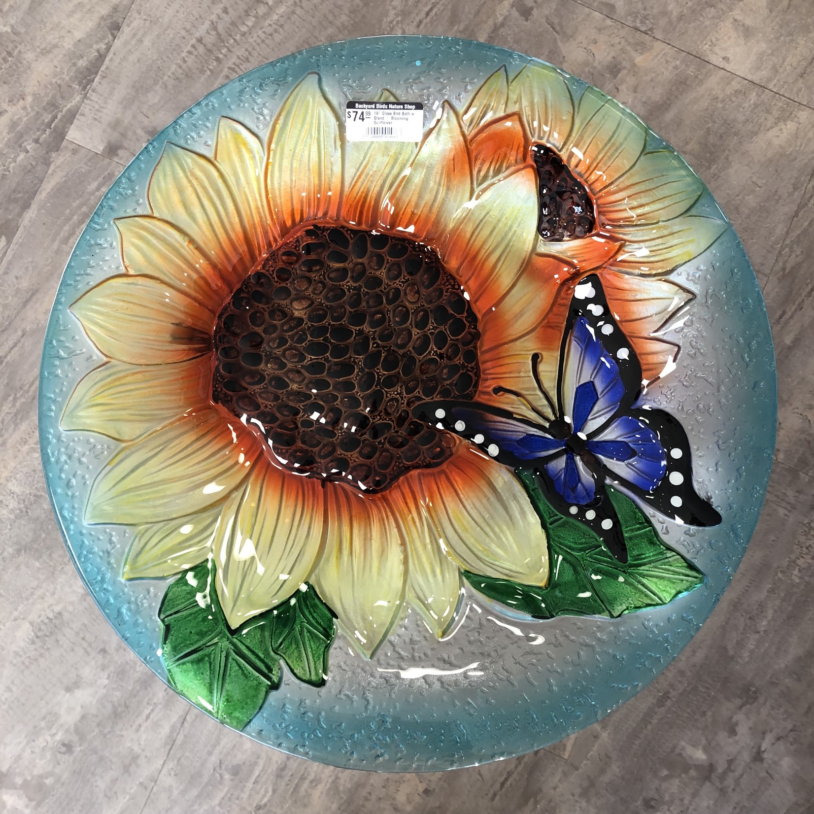 18" Glass Bird Bath w Stand - Blooming Sunflower