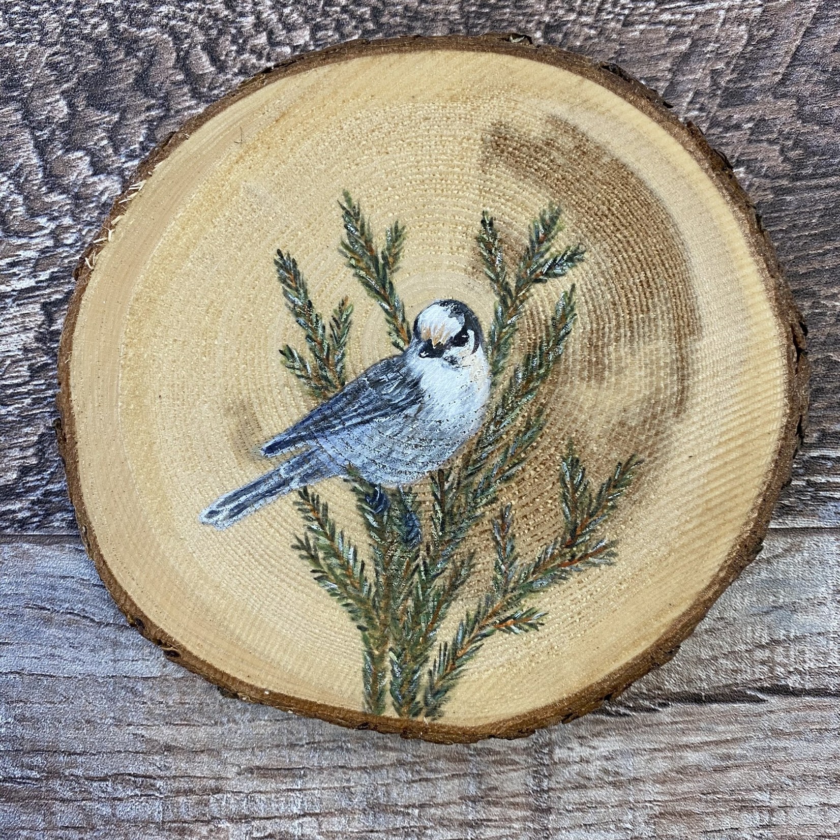 Wood Cookie Painting - Gray Jay
