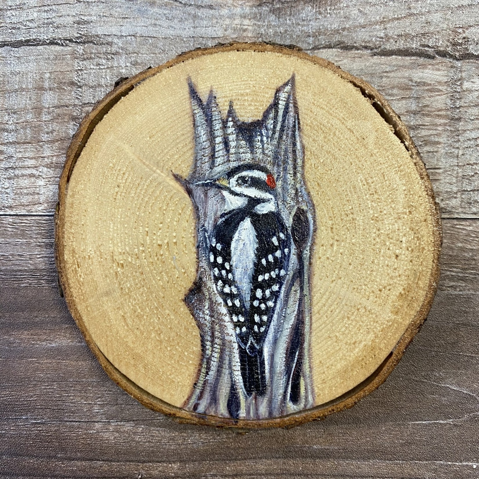 Wood Cookie Painting - Downy/Hairy Woodpecker