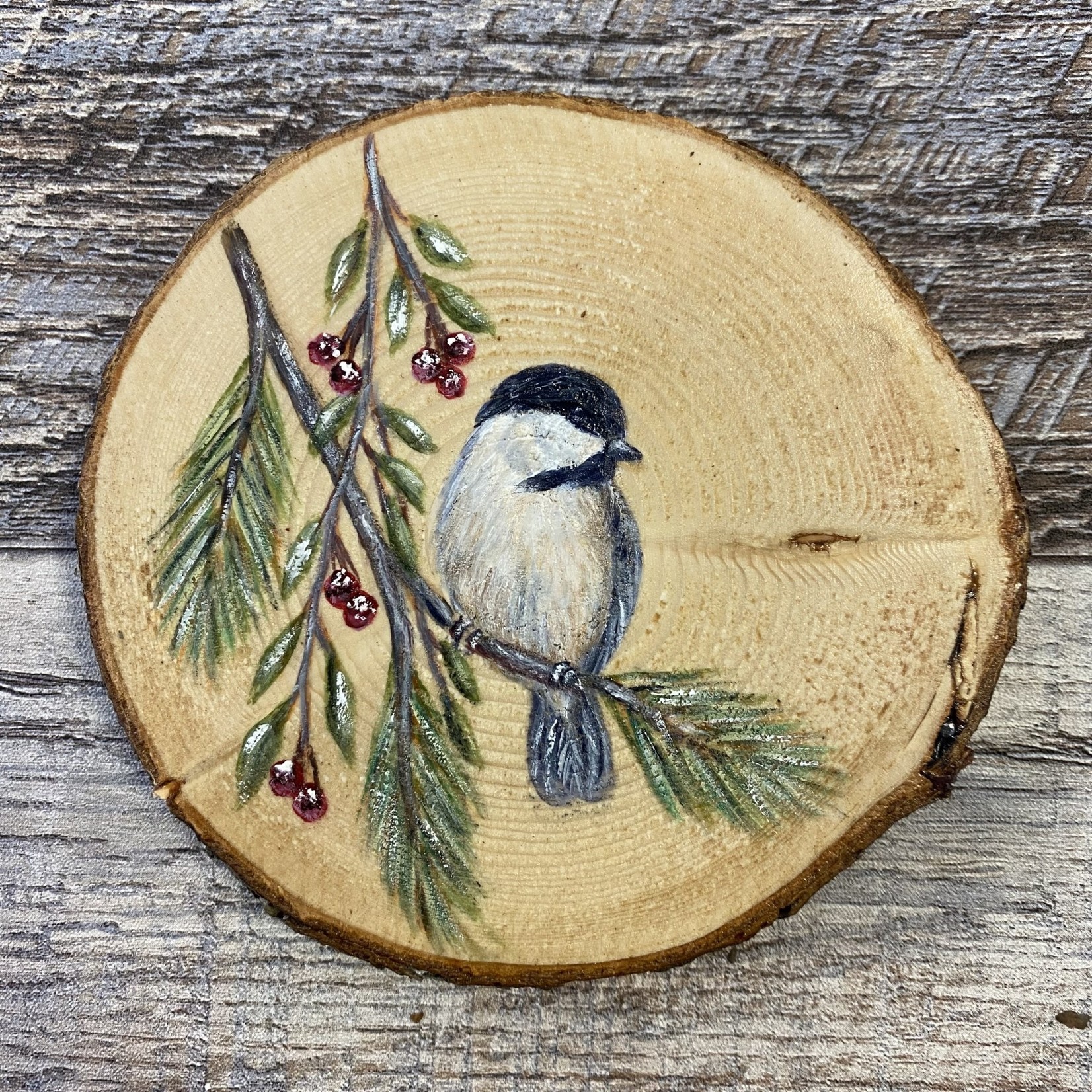 Wood Cookie Painting - Black-capped Chickadee