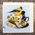 Birds on a Cup Greeting Card - Two Goldfinch Blue Floral