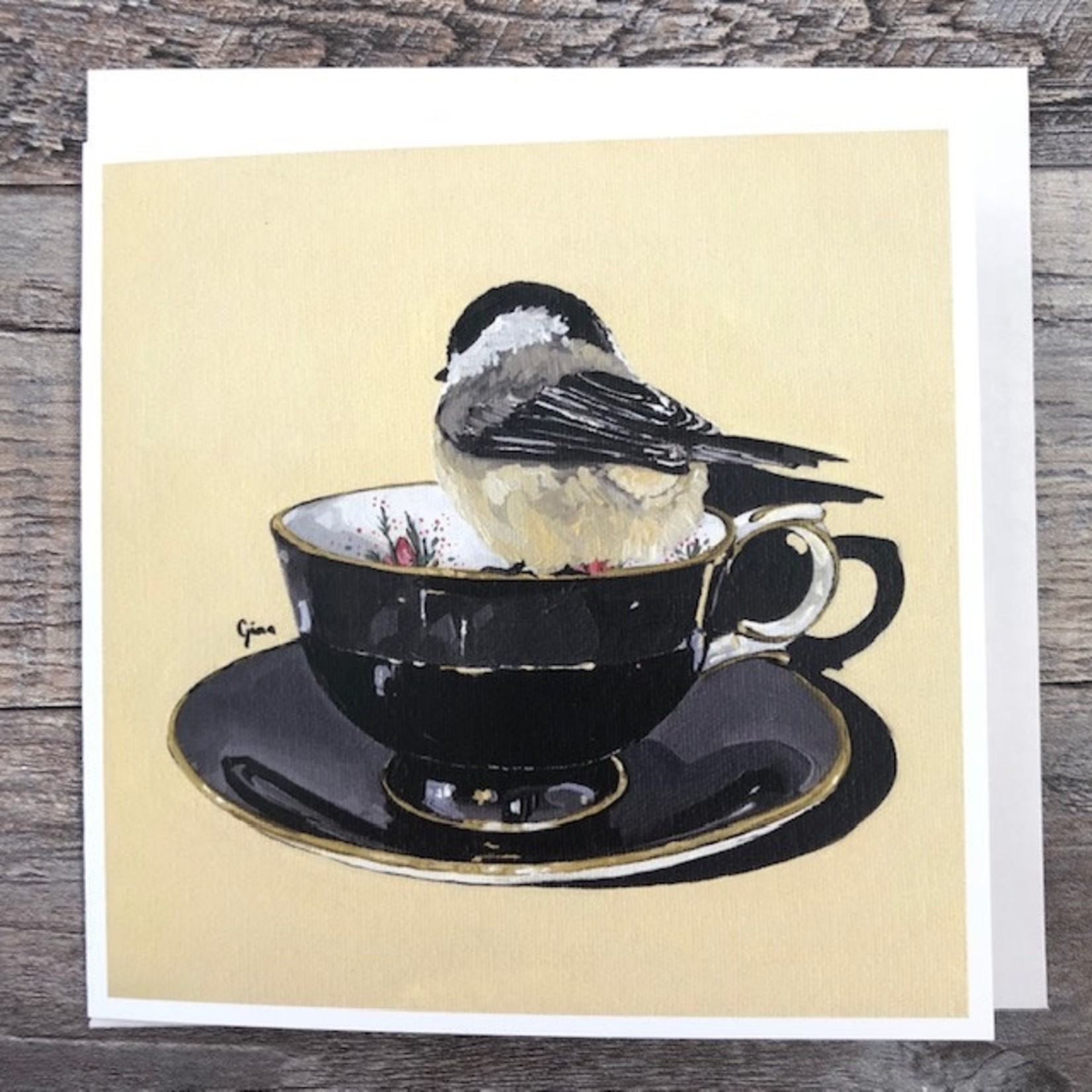 Birds on a Cup Greeting Card - Chickadee Black Vintage