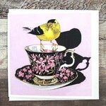 Birds on a Cup Greeting Card - Goldfinch Pink Fireweed