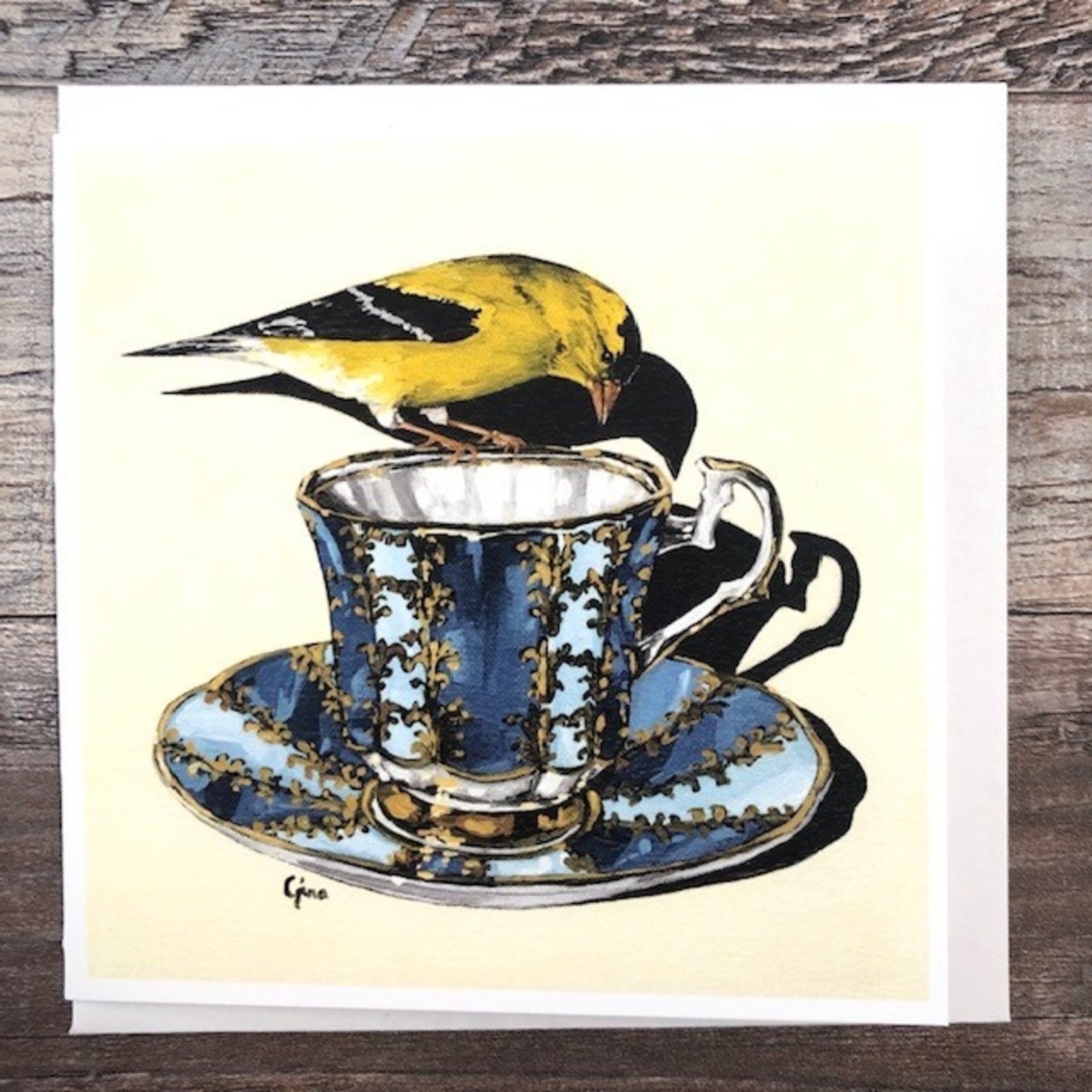 Birds on a Cup Greeting Card - Goldfinch Teal Yellow Bowing