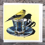 Birds on a Cup Greeting Card - Goldfinch Teal Yellow Standing