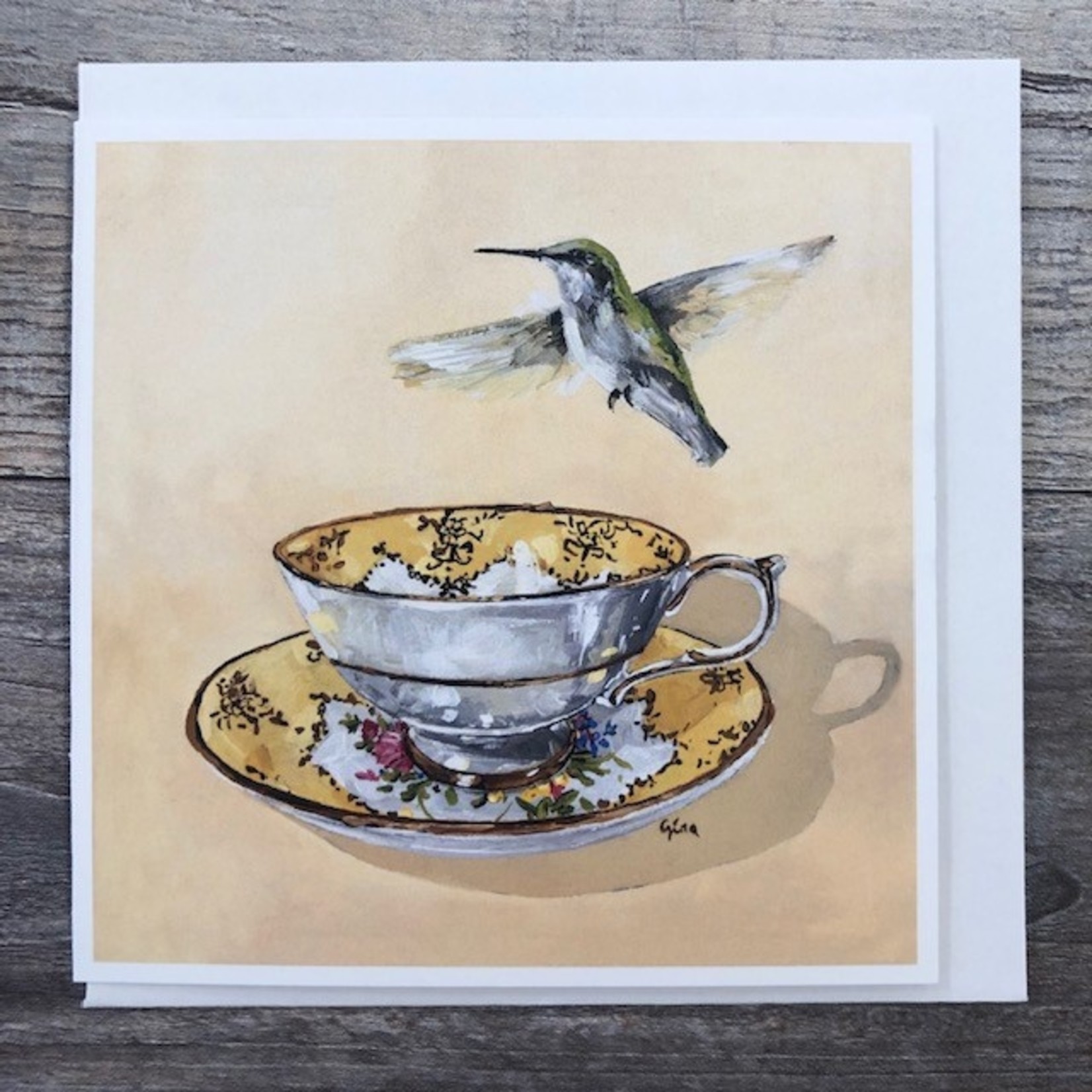 Birds on a Cup Greeting Card - Hummingbird Gold Antique