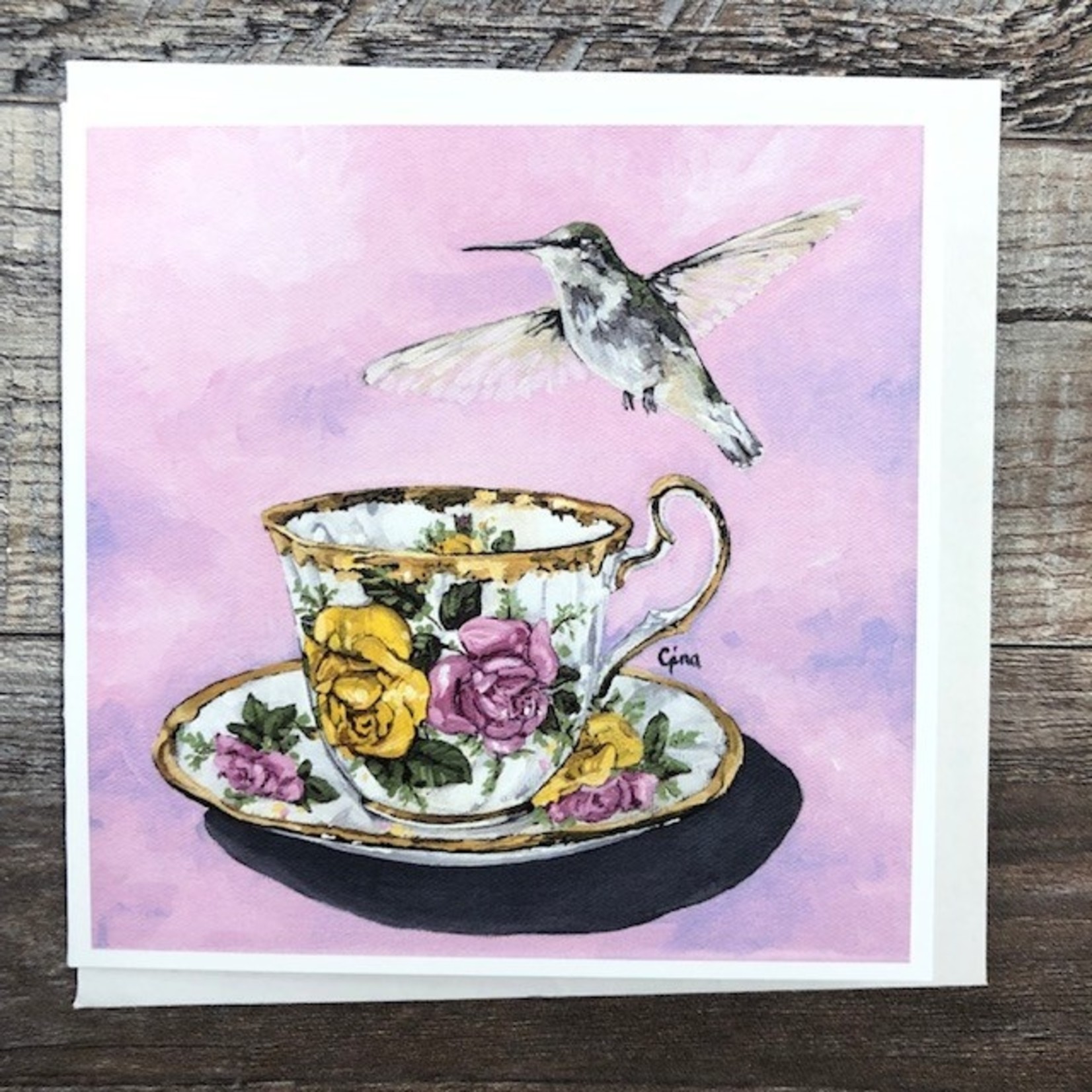 Birds on a Cup Greeting Card - Hummingbird Pink Rose