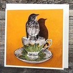 Birds on a Cup Greeting Card - Ovenbird Orange Vintage