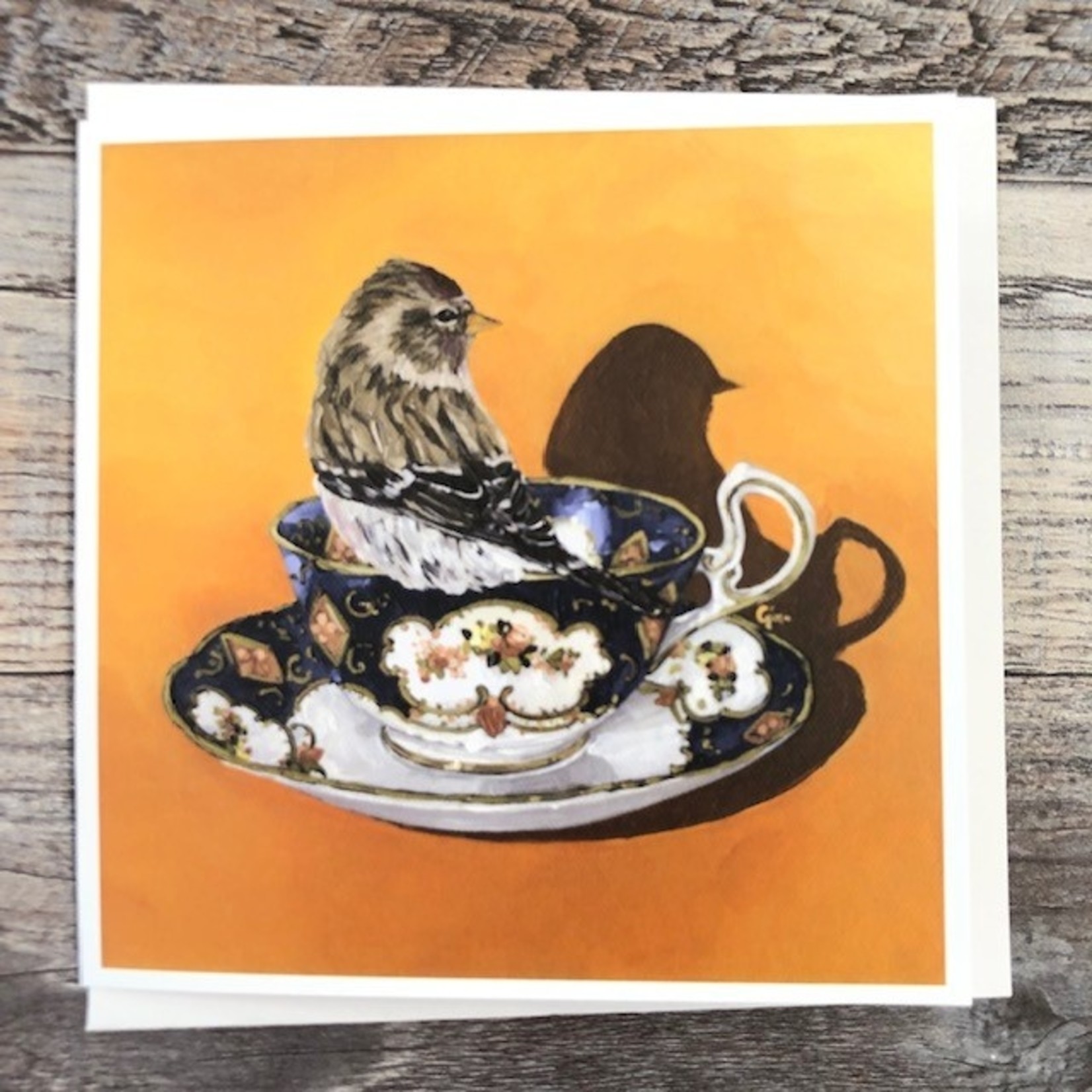 Birds on a Cup Greeting Card - Redpoll Orange Vintage