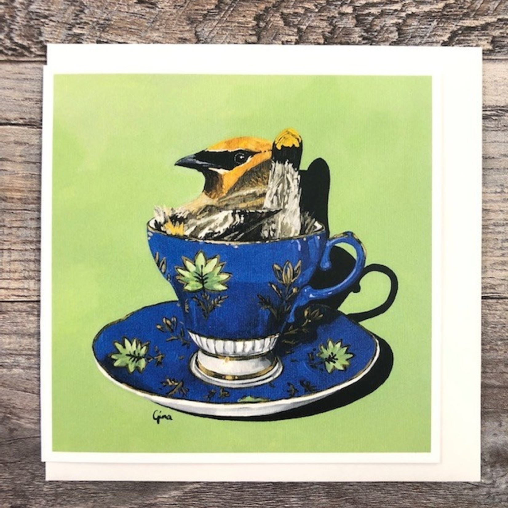 Birds on a Cup Greeting Card - Waxwing Blue Lily