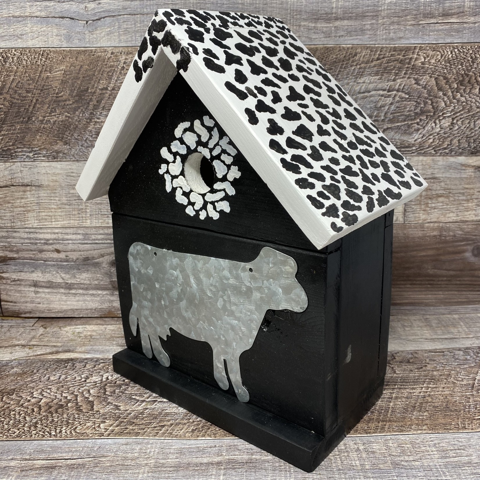 Vern's Painted Bird House - Black and White Cow Print