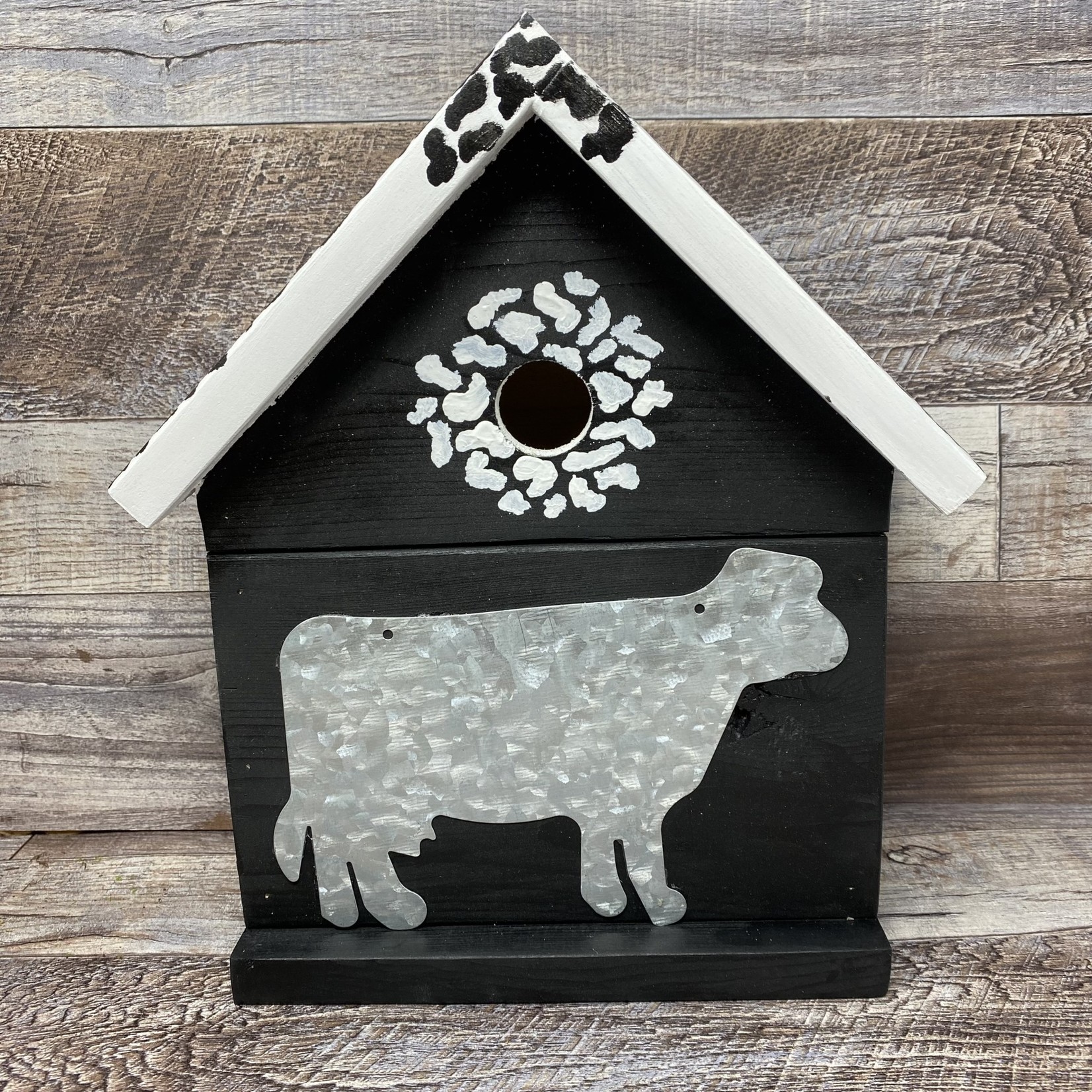 Vern's Painted Bird House - Black and White Cow Print