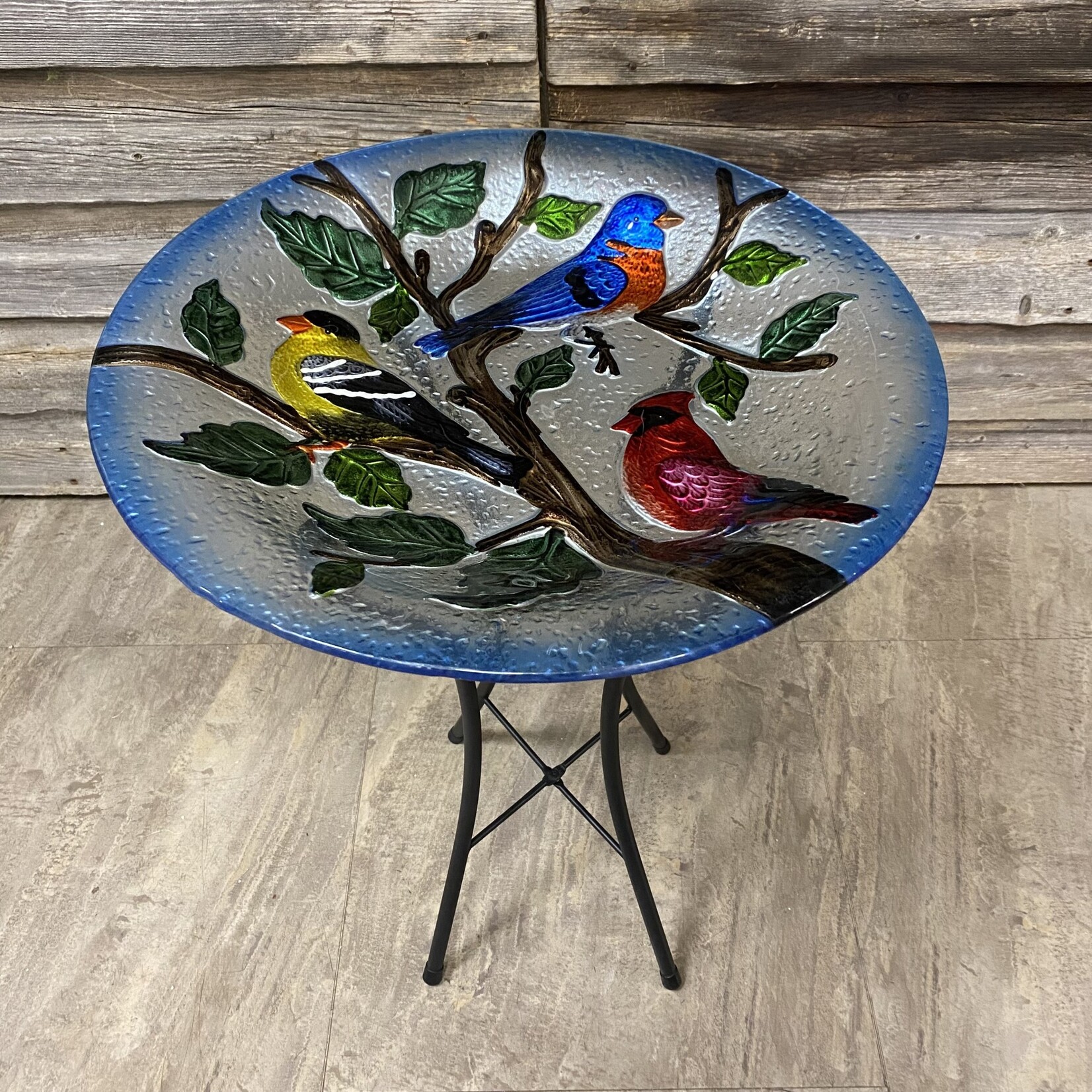 18" Glass Bird Bath w Stand - Songbird Trio