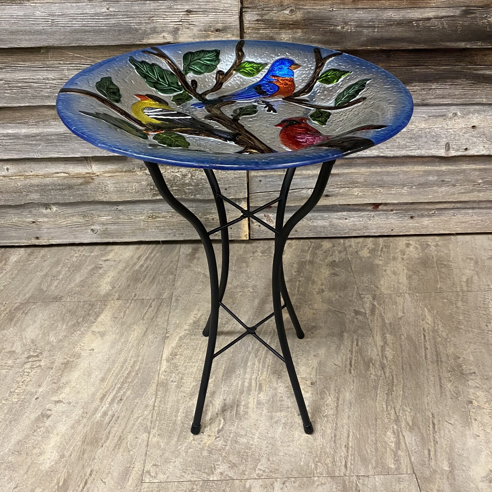 18" Glass Bird Bath w Stand - Songbird Trio