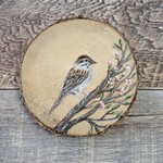 Wood Cookie Painting - Sparrow on Branch With Blossoms