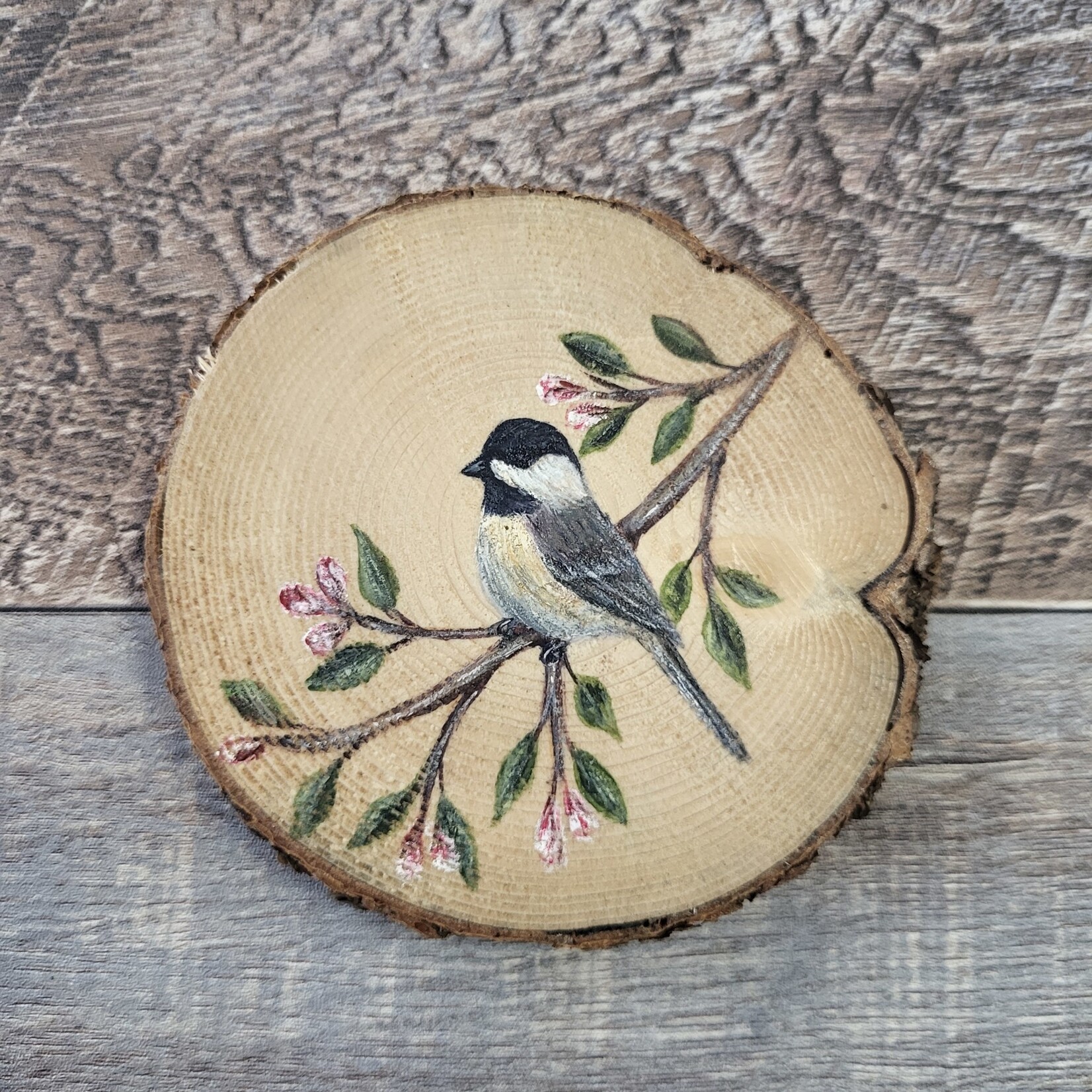 Wood Cookie Painting - Black-capped Chickadee With Pink Flowers