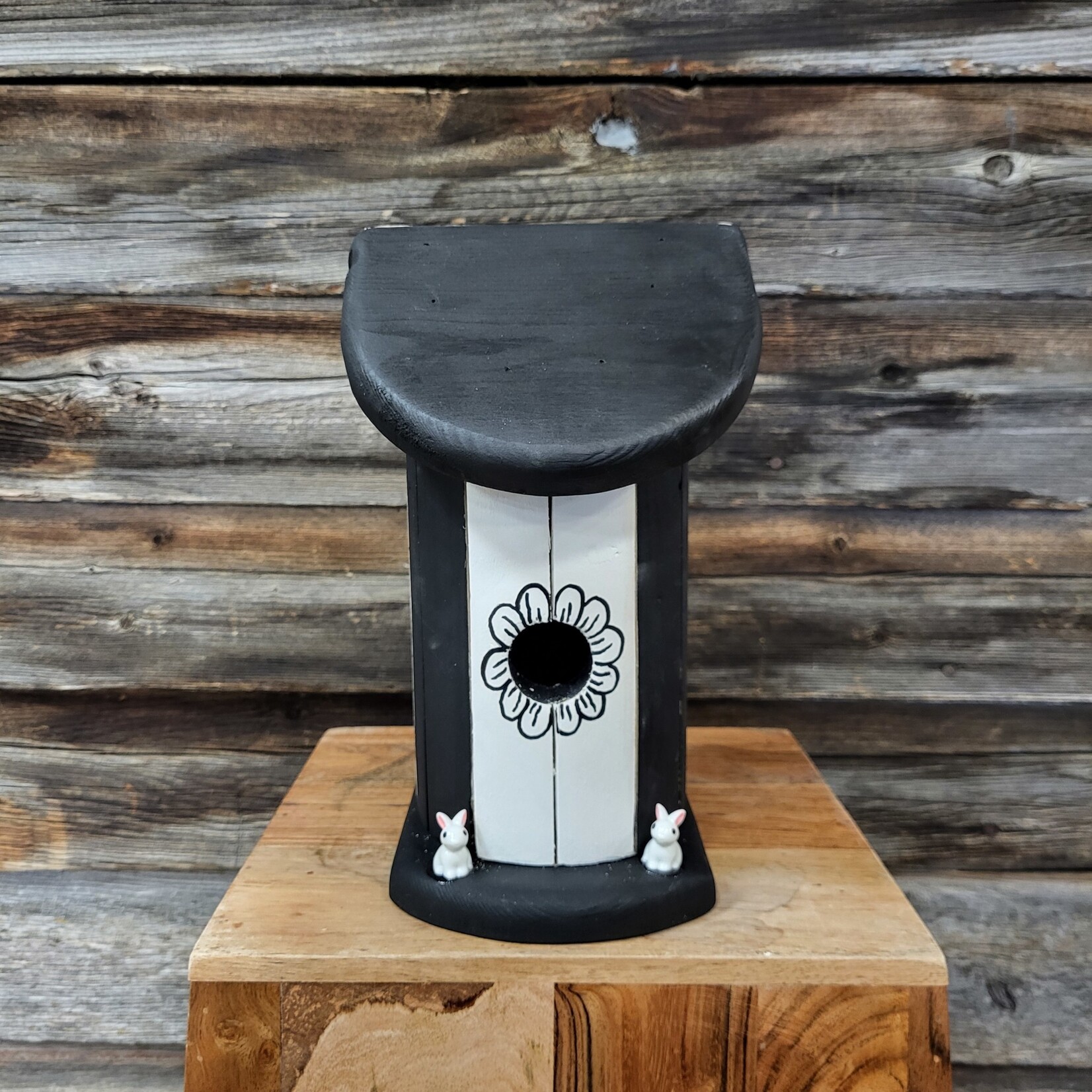 Vern's Painted Bird House -  Black & White with Bunnies