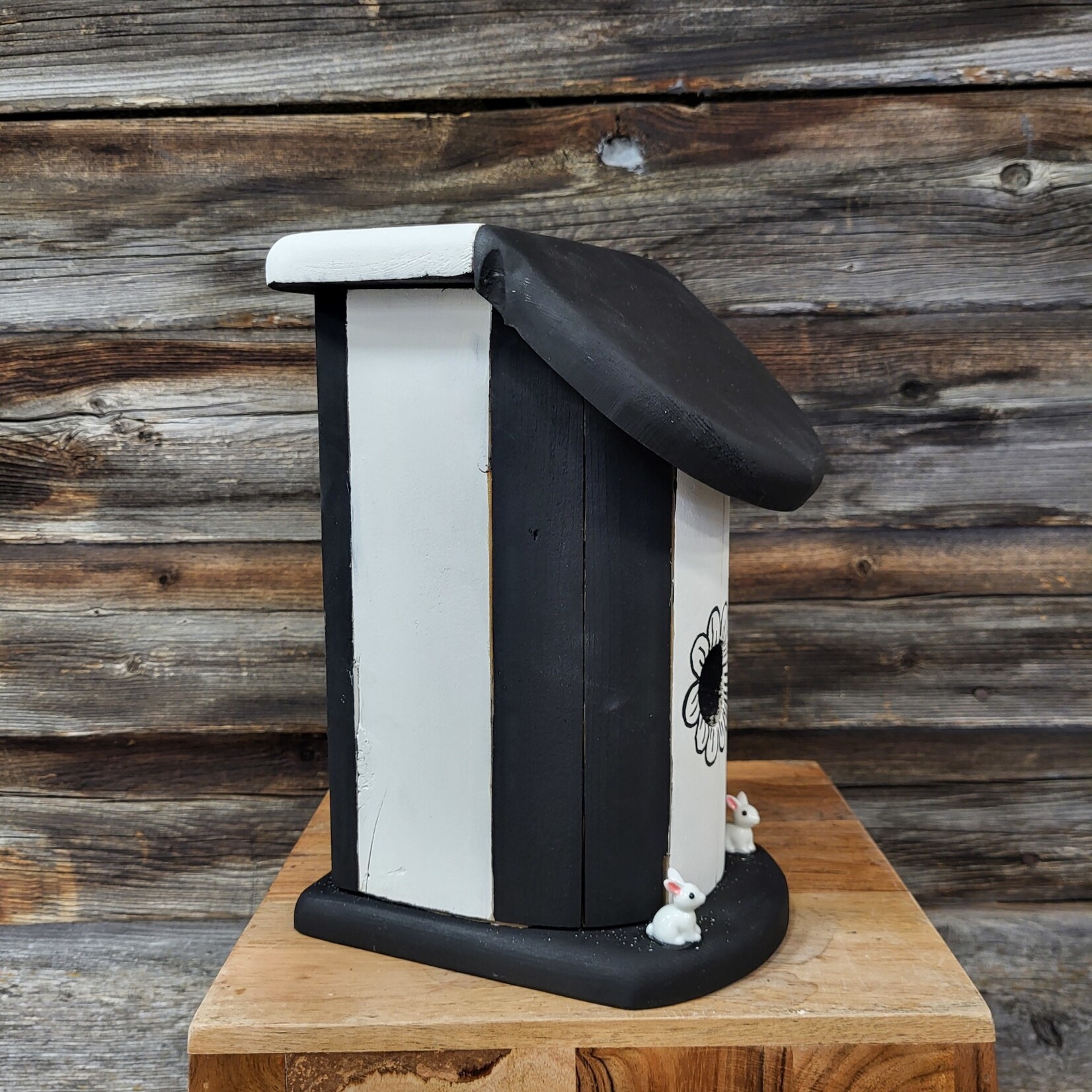 Vern's Painted Bird House -  Black & White with Bunnies