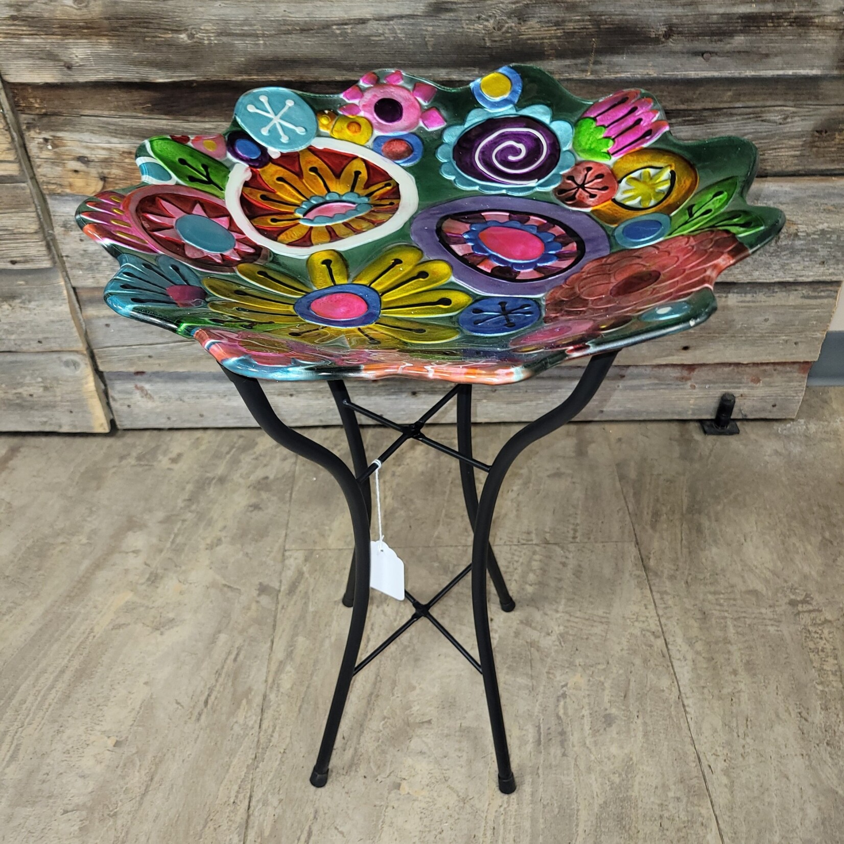 18" Glass Bird Bath  - Abstract Floral Sculpted Edge w Stand