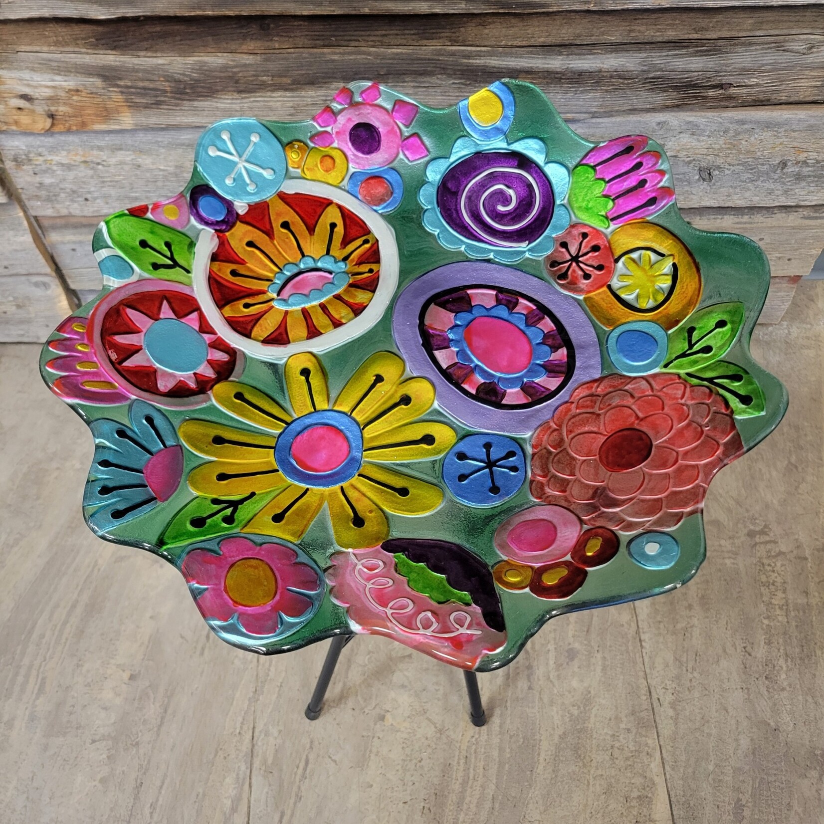 18" Glass Bird Bath  - Abstract Floral Sculpted Edge w Stand