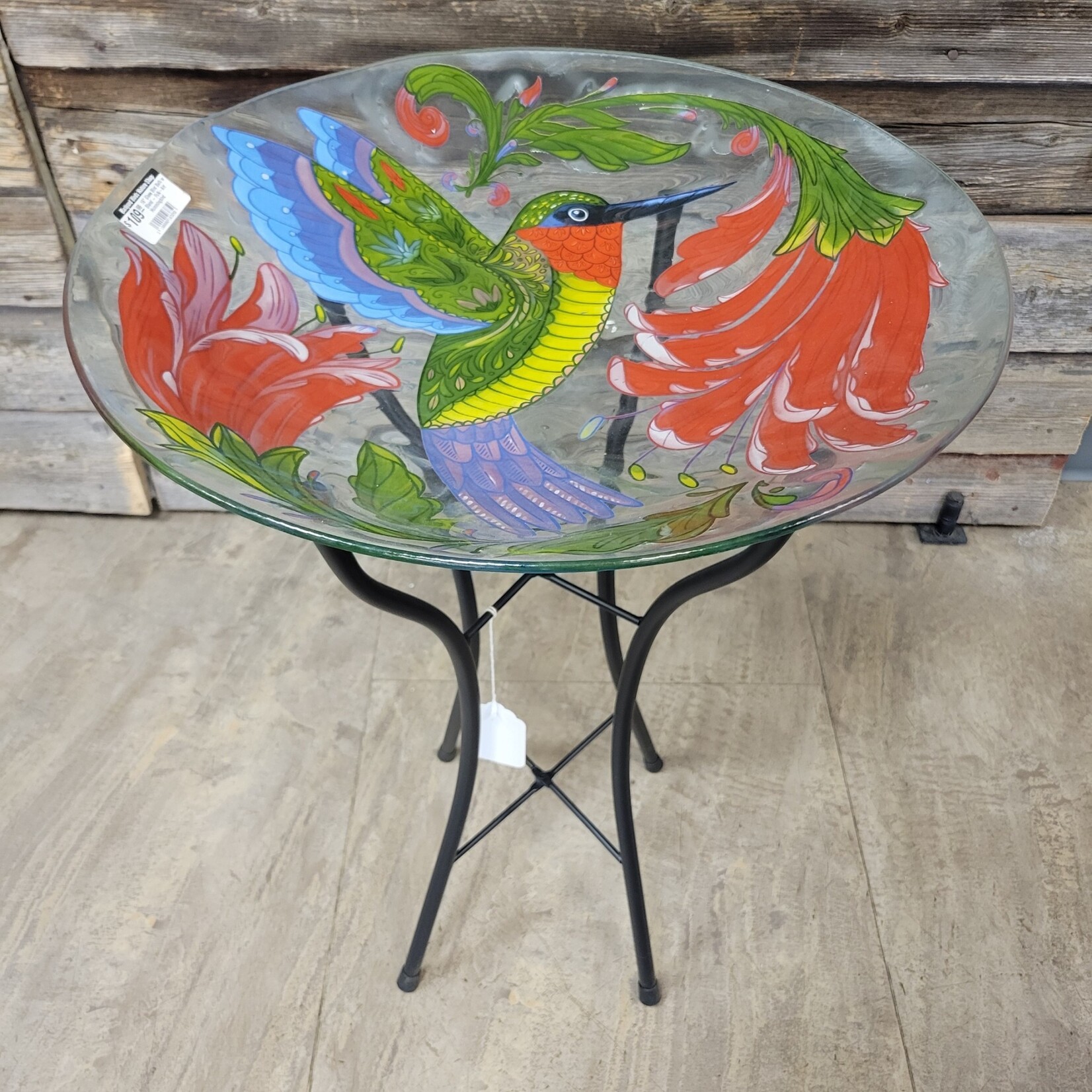 18" Glass Bird Bath w Stand - Folk-Art Hummingbird