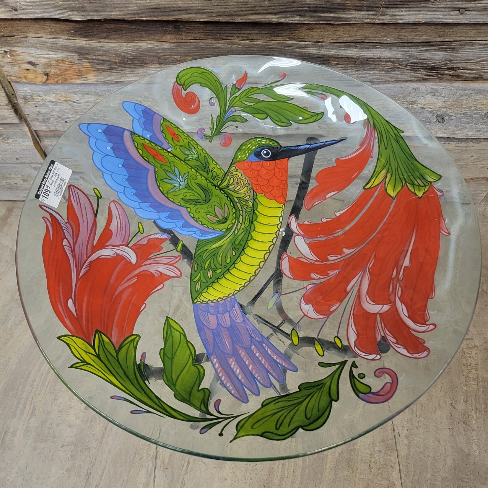 18" Glass Bird Bath w Stand - Folk-Art Hummingbird