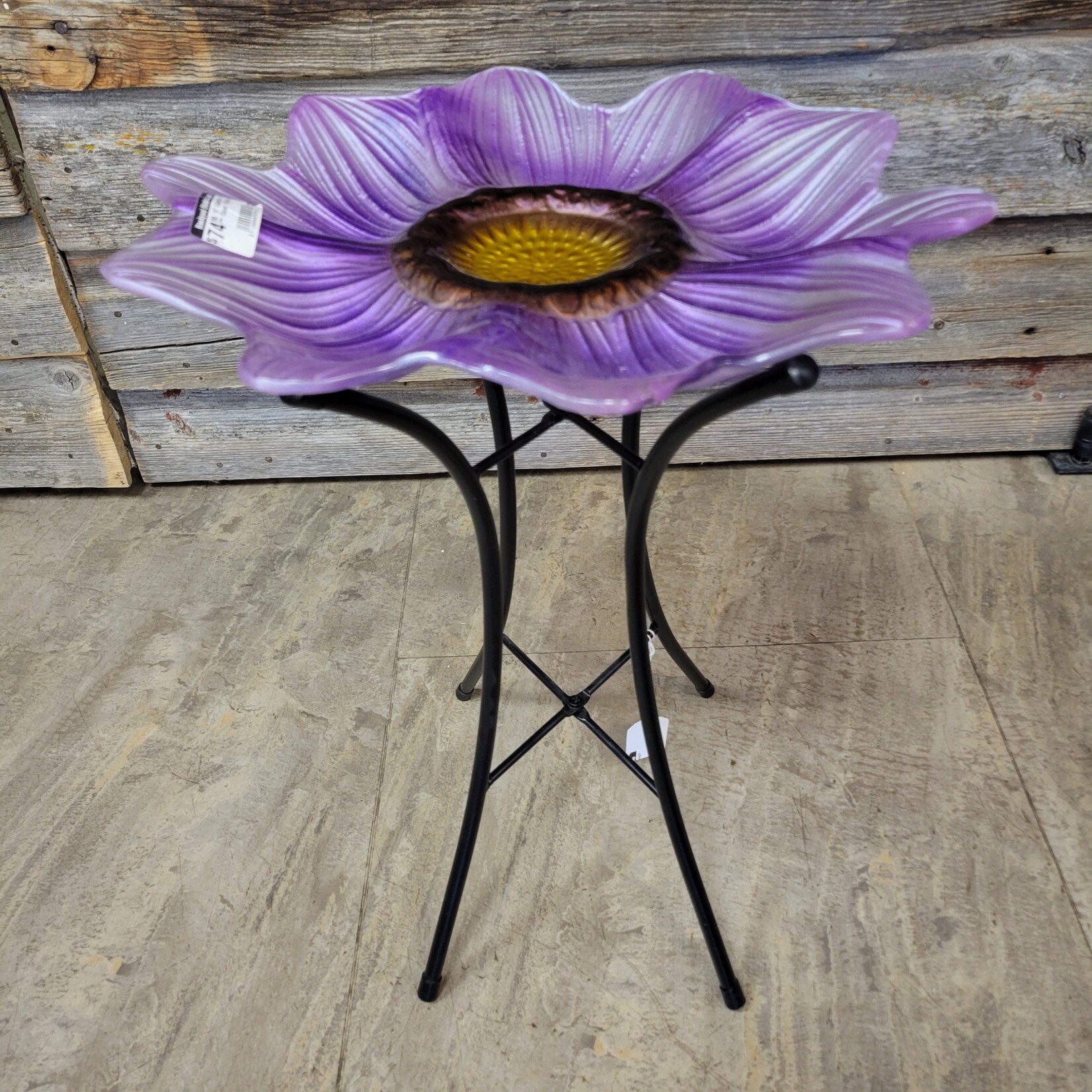 16" Glass Bird Bath w Stand - Purple Flower