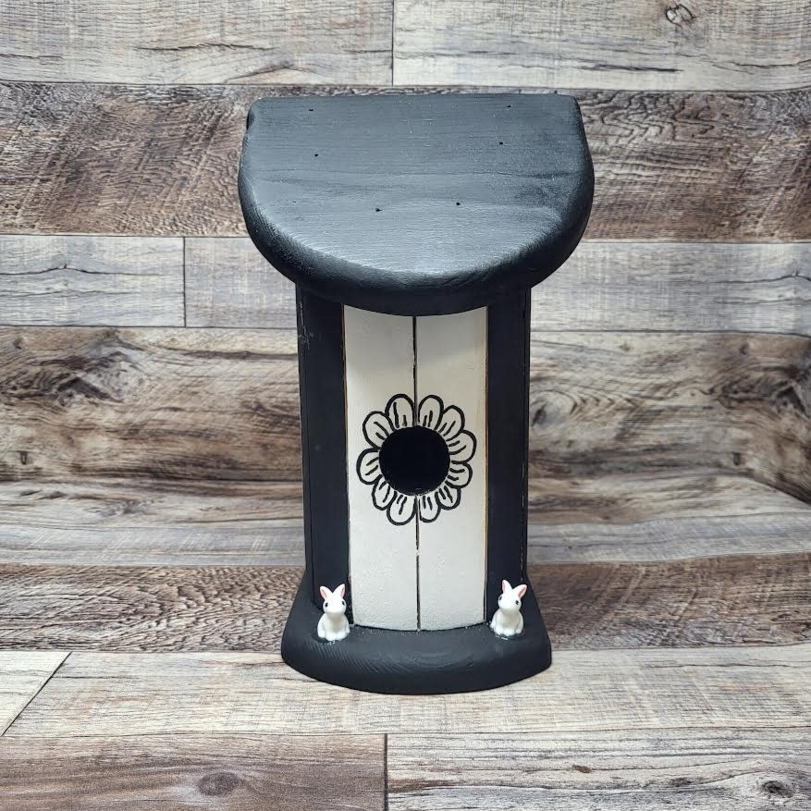 Vern's Painted Bird House -  Black & White with Bunnies