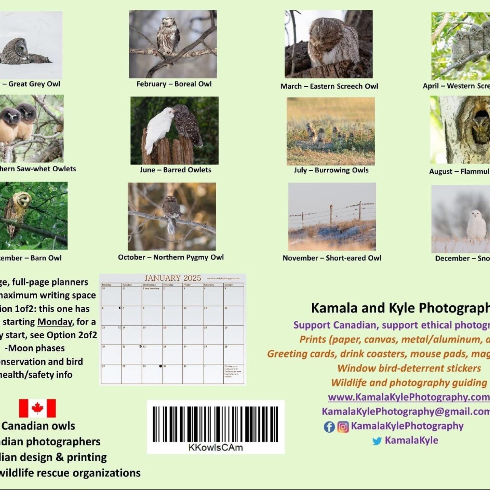Kamala & Kyle Owls of Canada 2025 Calendar