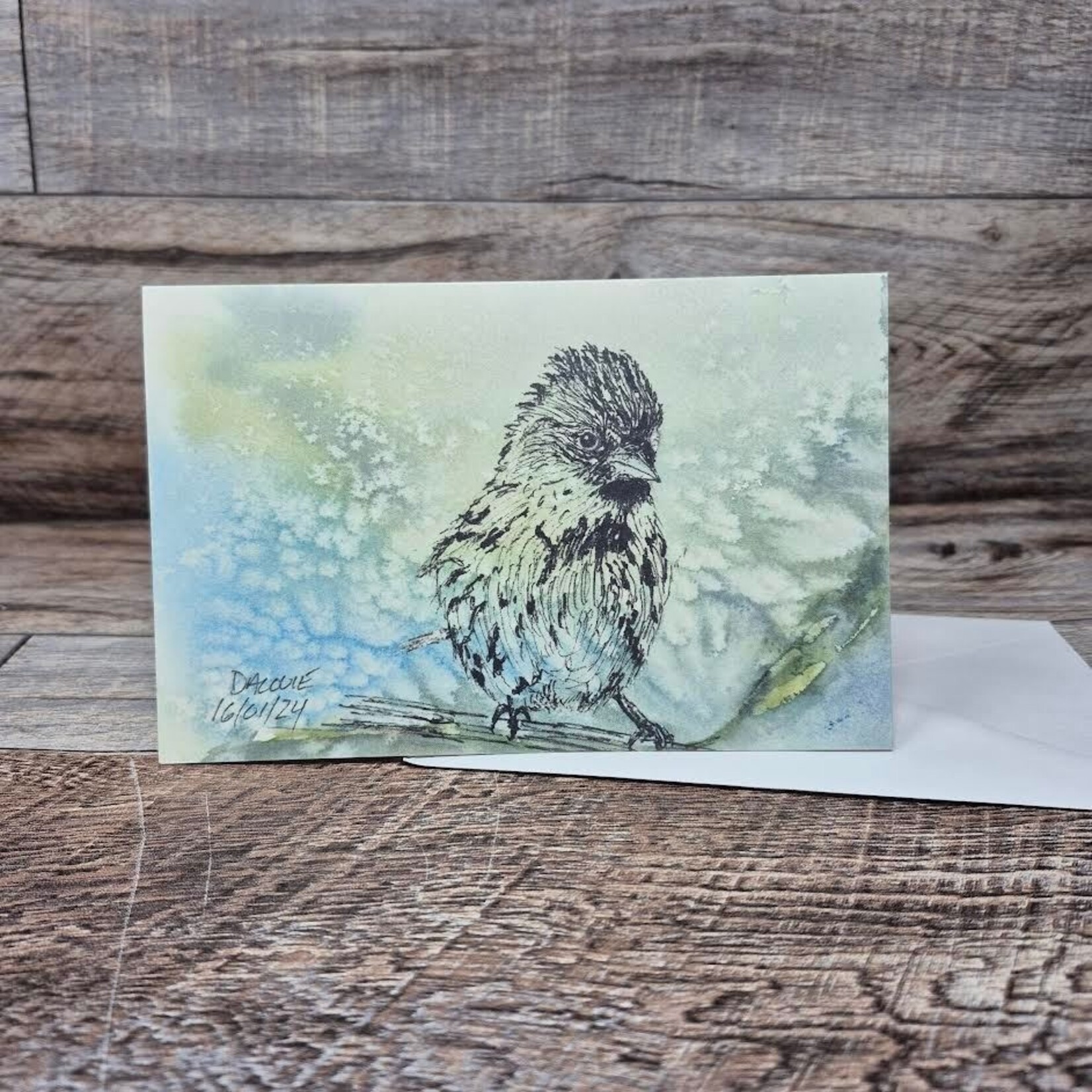 Dalouie's Greeting Card - Watercolour Redpoll, Blue Background