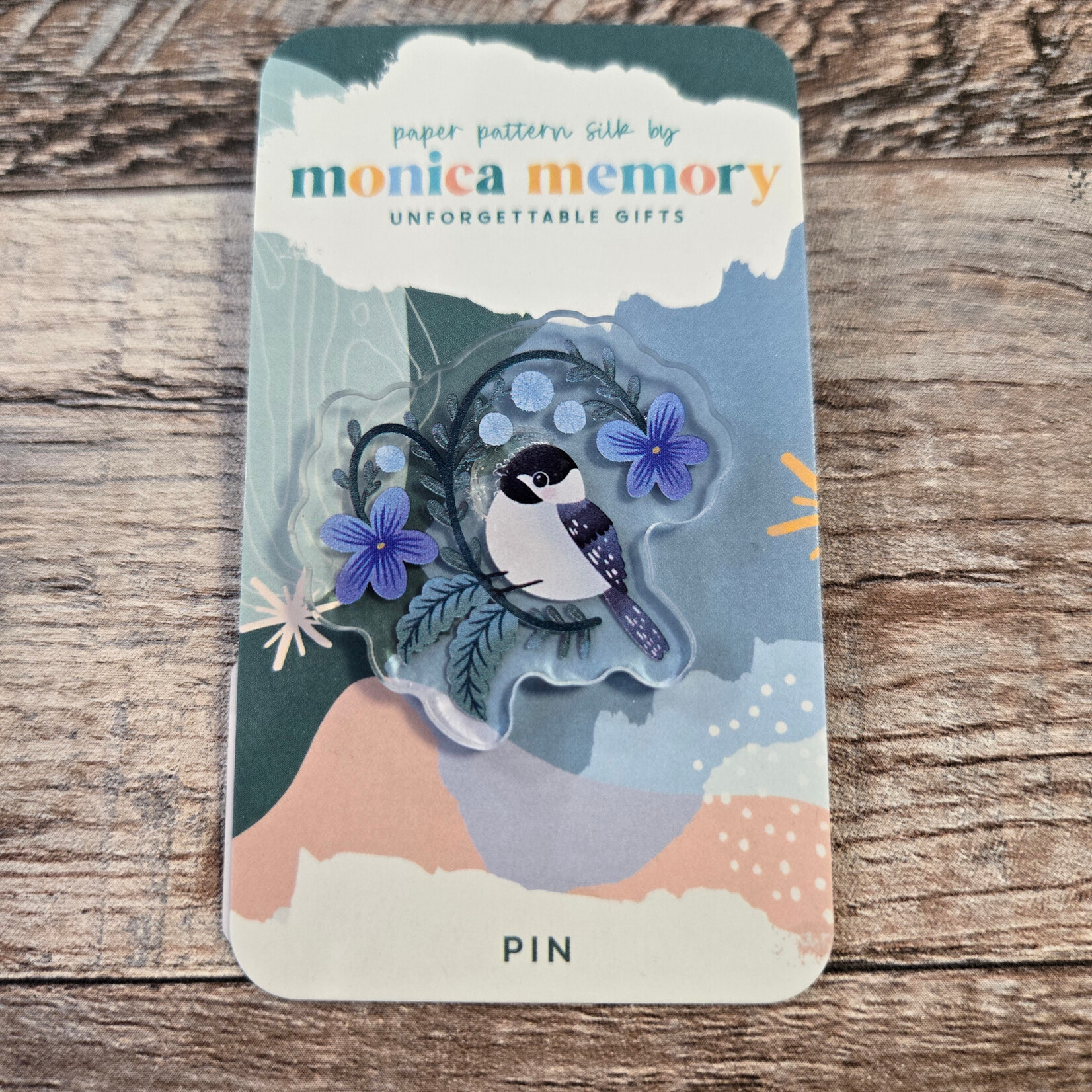 Paper Pattern Silk Pin - Black-Capped Chickadee Purple Violet Flower