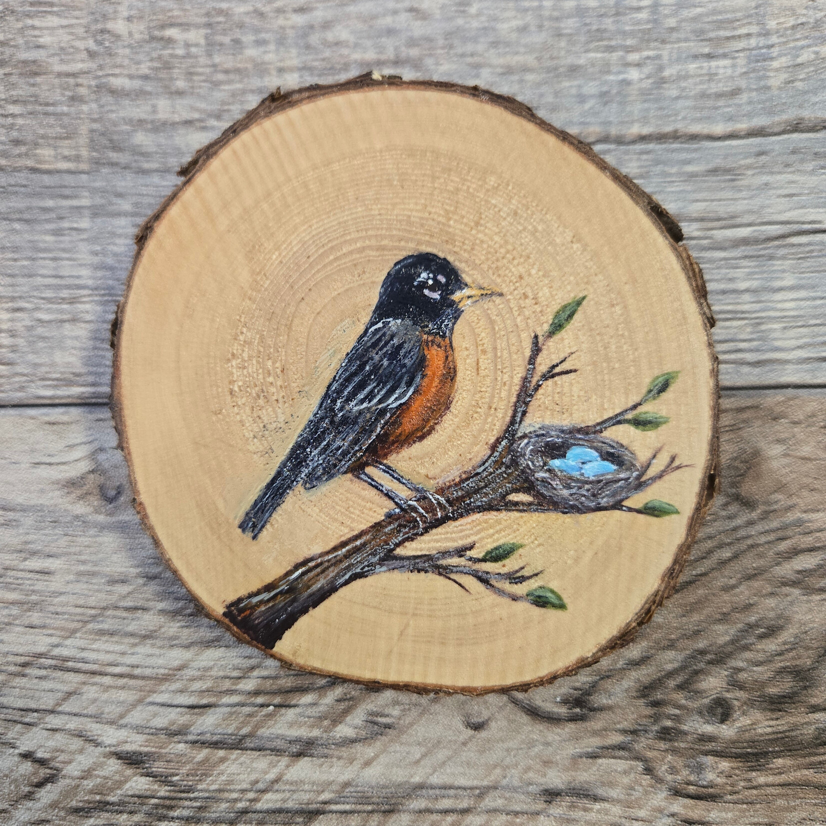 Wood Cookie Painting - American Robin with Nest