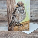 Dalouie's Greeting Card - Watercolour Standing Sparrow on Birdbath