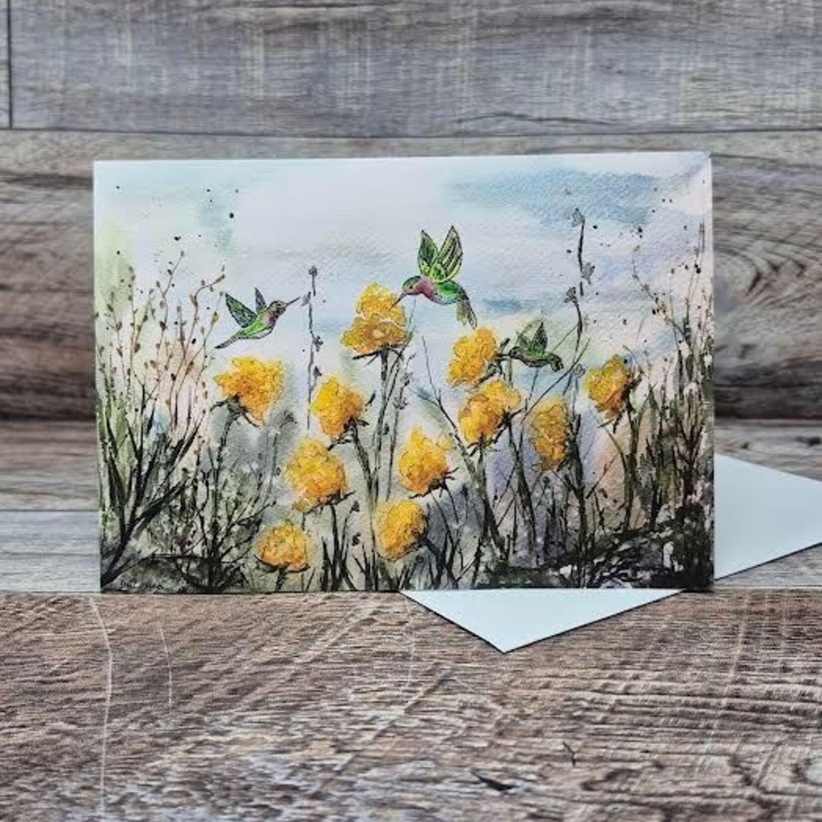 Dalouie's Greeting Card - Watercolour Hummingbirds and Yellow Flowers