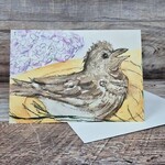 Dalouie's Greeting Card - Watercolour Singing Sparrow in Birdbath
