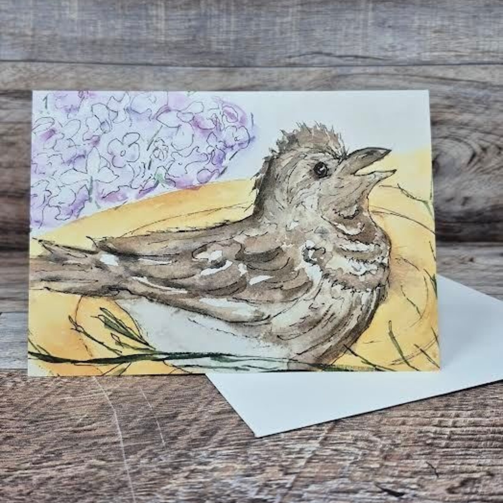 Dalouie's Greeting Card - Watercolour Singing Sparrow in Birdbath