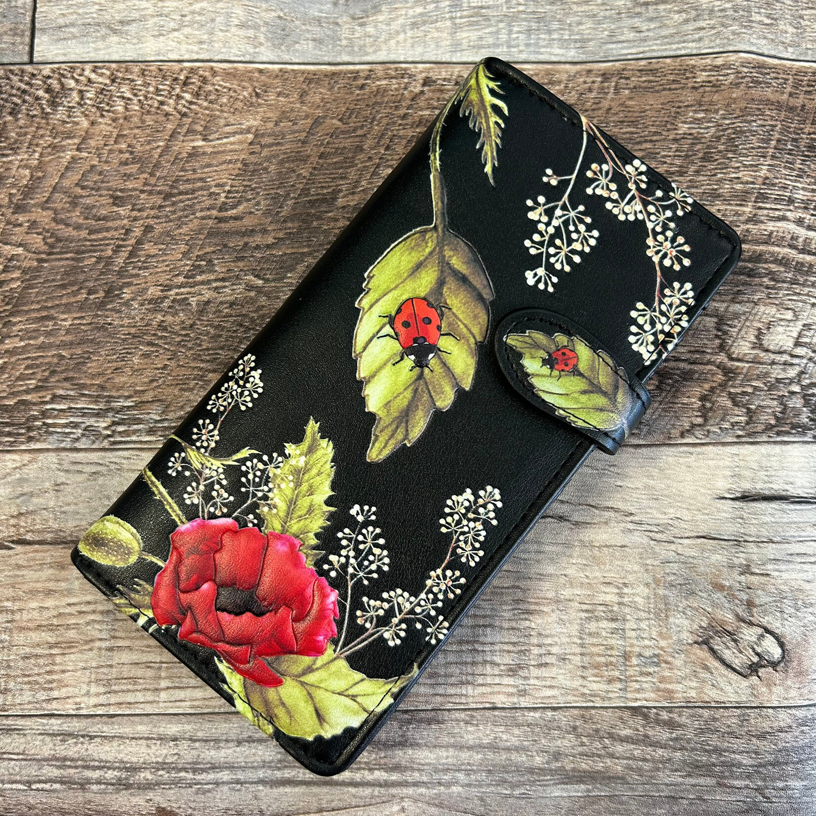 Large Shagwear Wallet - Black Ladybug and Poppies
