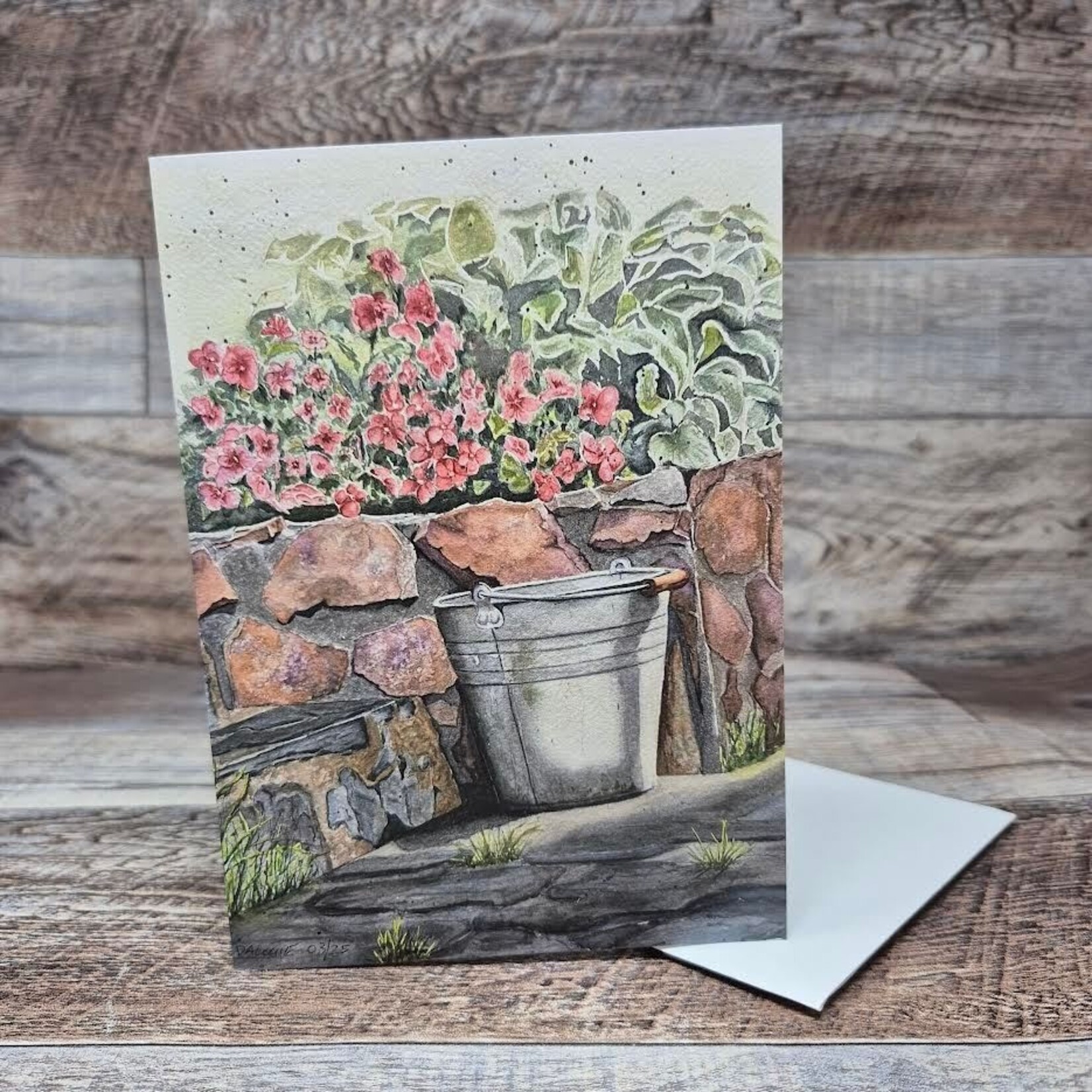 Dalouie's Greeting Card - Watercolour Rock Wall and Bucket