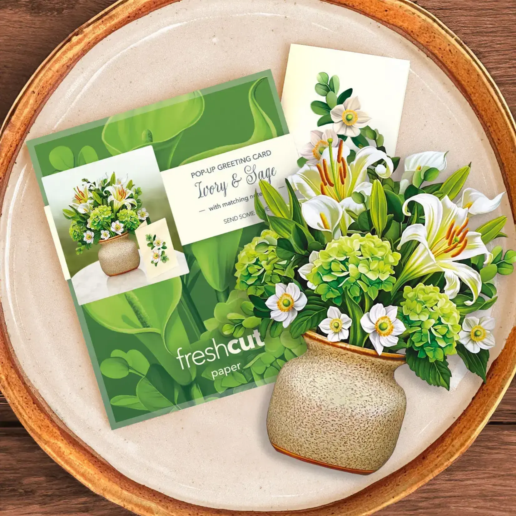 Fresh Cut Paper Mini Bouquet & Card - Ivory & Sage