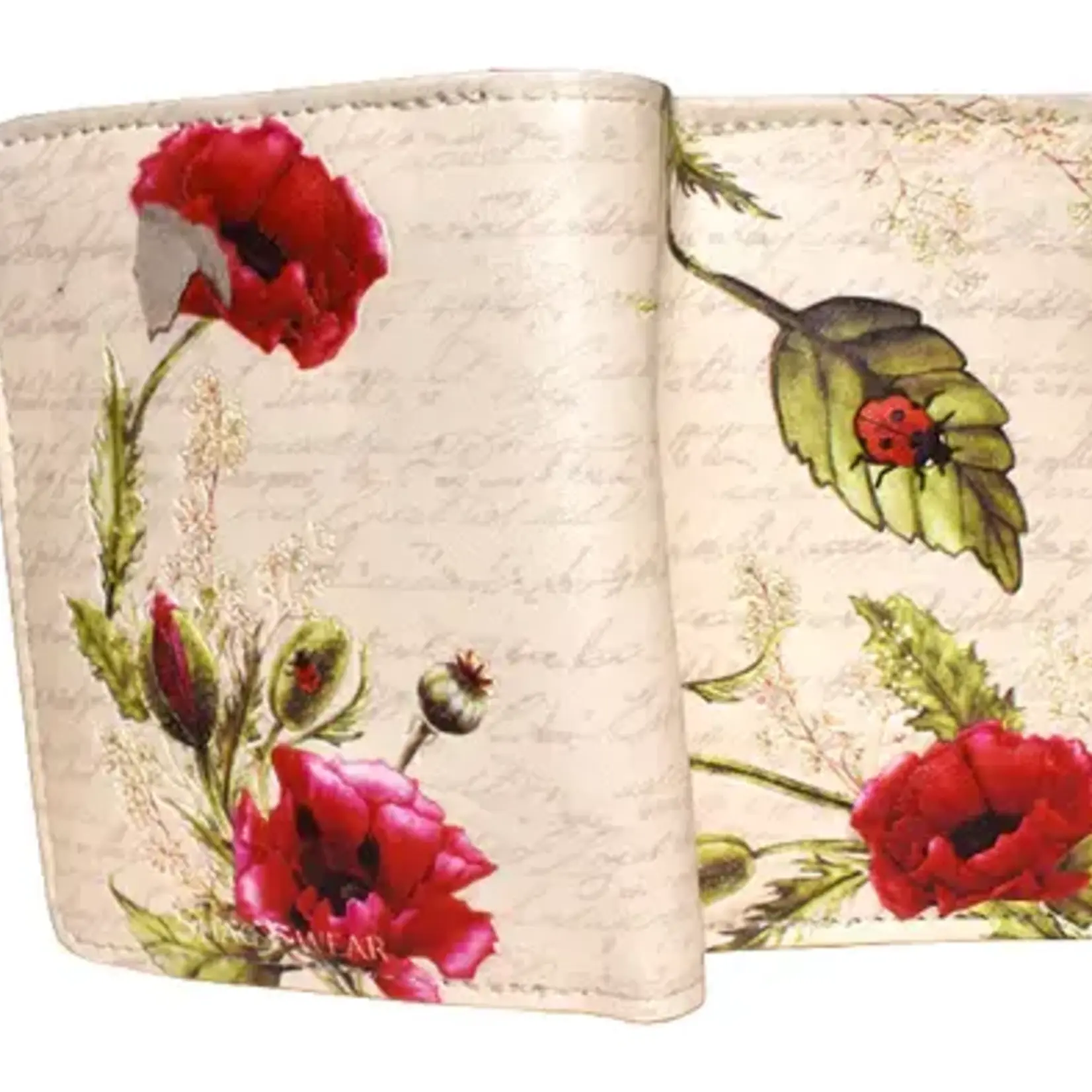 Small Shagwear Wallet - Vintage Beige Ladybugs and Poppies