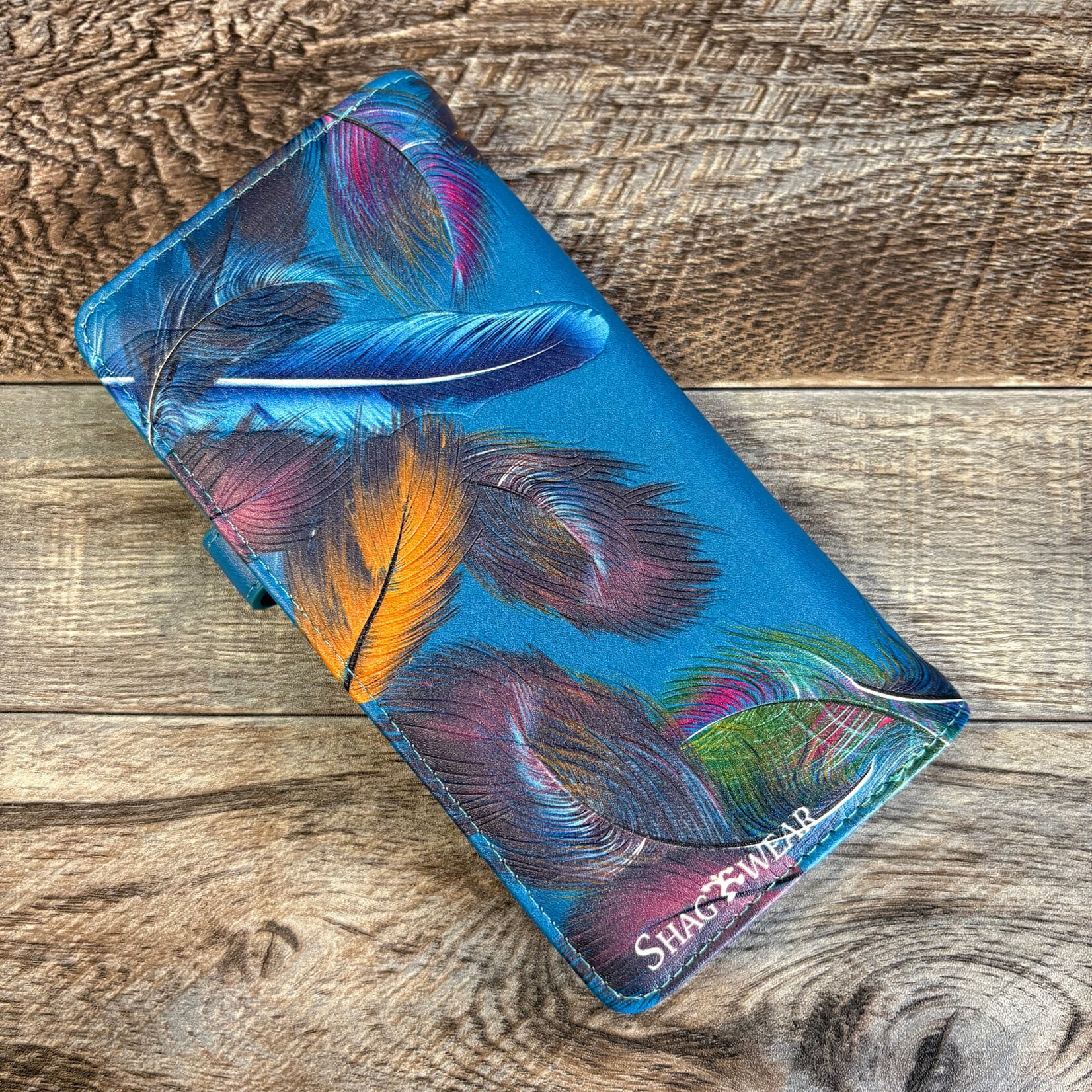 Large Shagwear Wallet - Teal Raven Feather
