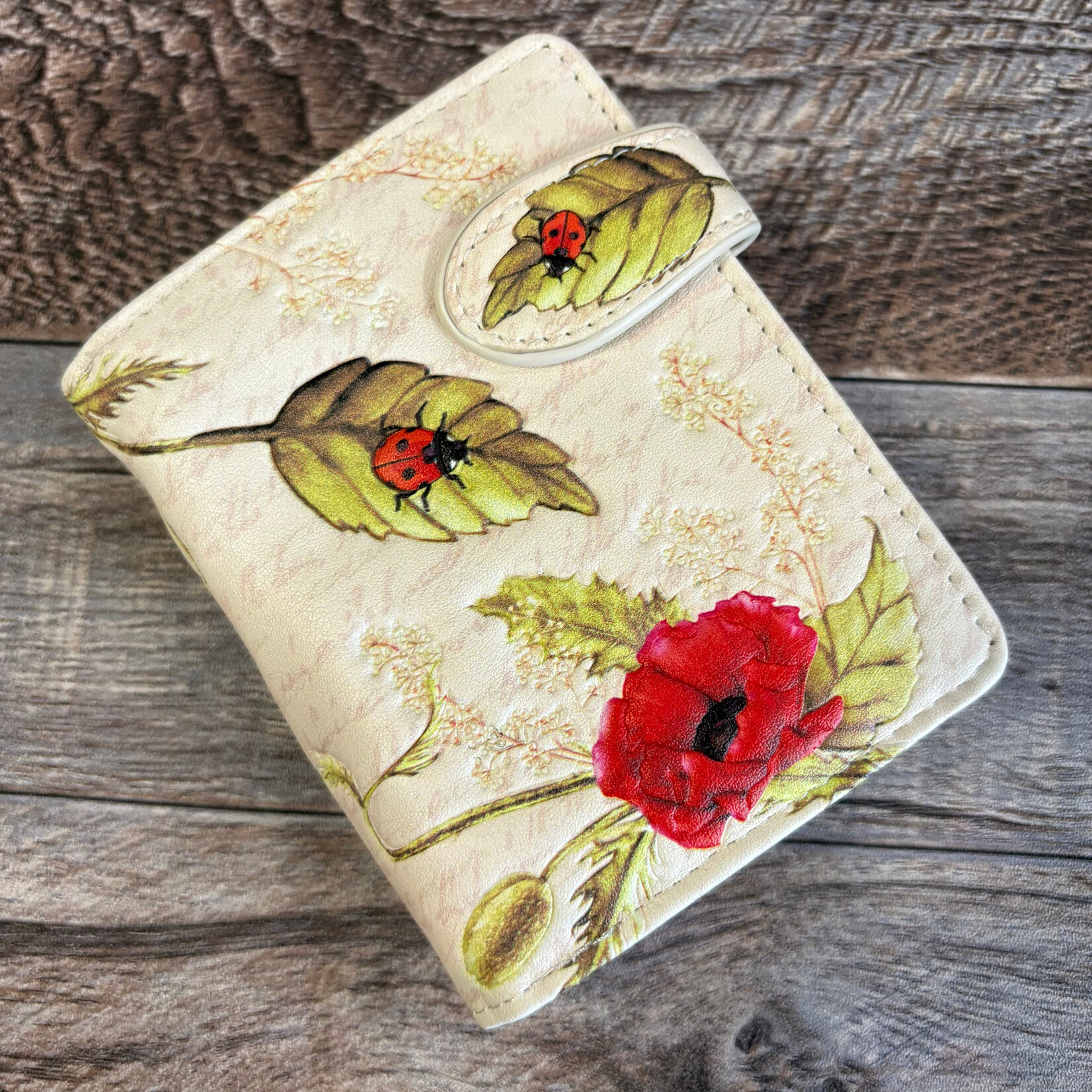 Small Shagwear Wallet - Vintage Beige Ladybugs and Poppies